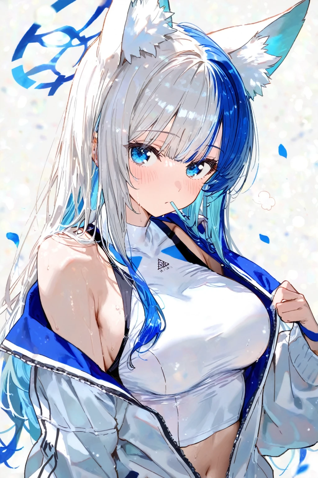 "blue sleeveless shirt with matching puffy blue arm cuffs, high-waisted white shorts stopping at her upper thigh, and a dark blue belt, ponytail, beige hair, pinkish-blue eyes, masterpiece, high resolution"