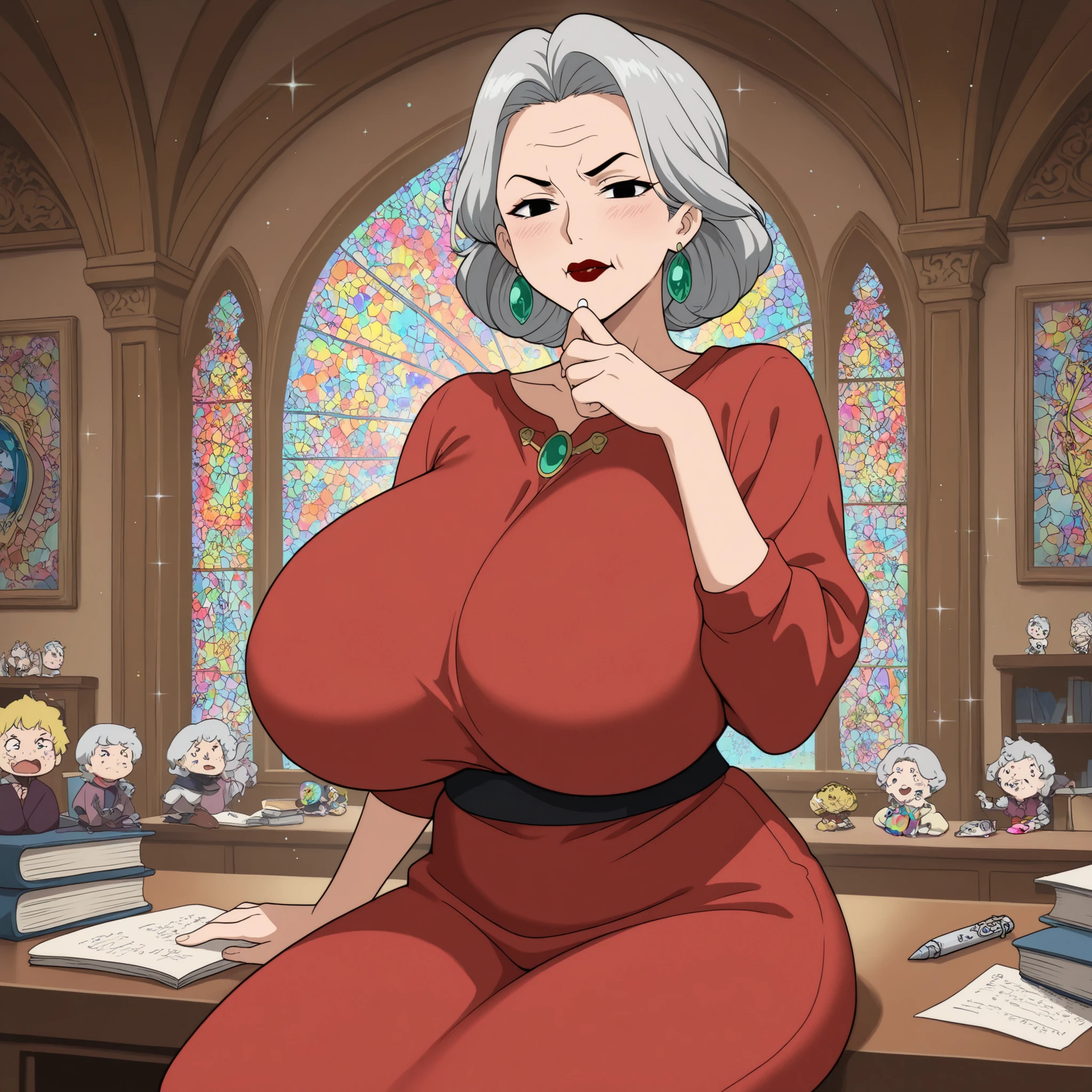 Grandma. gray hair, black eyes, short hair, dark red lips, wrinkles, earrings, makeup, huge saggy breasts, cowboy shot, frown ,looking at viewer, masterpiece, best quality, amazing quality, 2 old woman and ung guy.| anime style illustration, a cute female scribe sitting at a floating desk, taking notes with a magical pen, colorful sparkles around her, in the background, a cartoon-style meeting of various gods from different cultures, some serious, some arguing, others eating or laughing, celestial meeting room with rainbow stained glass, glowing orbs, floating scrolls and books, high ceiling with floating decorations, cheerful atmosphere, bright color palette, pop fantasy, expressive faces, chibi-style gods in the background