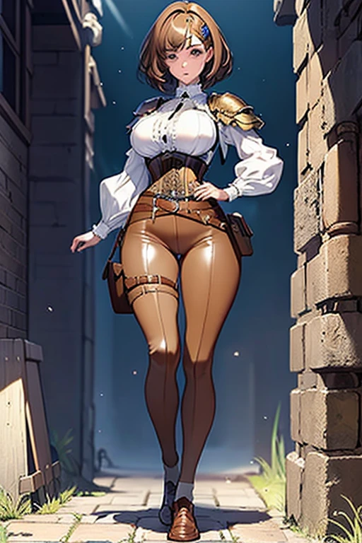 1 girl, young, 16 years old, Asian girl, full body from head to toe, realistic, realistic face, realistic eyes, worried, looks over shoulder, side lighting, wallpaper, looks at viewer, steampunk futuristic buildings in the background, long cape and sleeveless hood, cutout in front one-piece swimsuit, terrestrial, outdoor, Holding Steampunk sword in left hand, Flying in the sky with Steampunk Jet Pack, Dragon Logo,