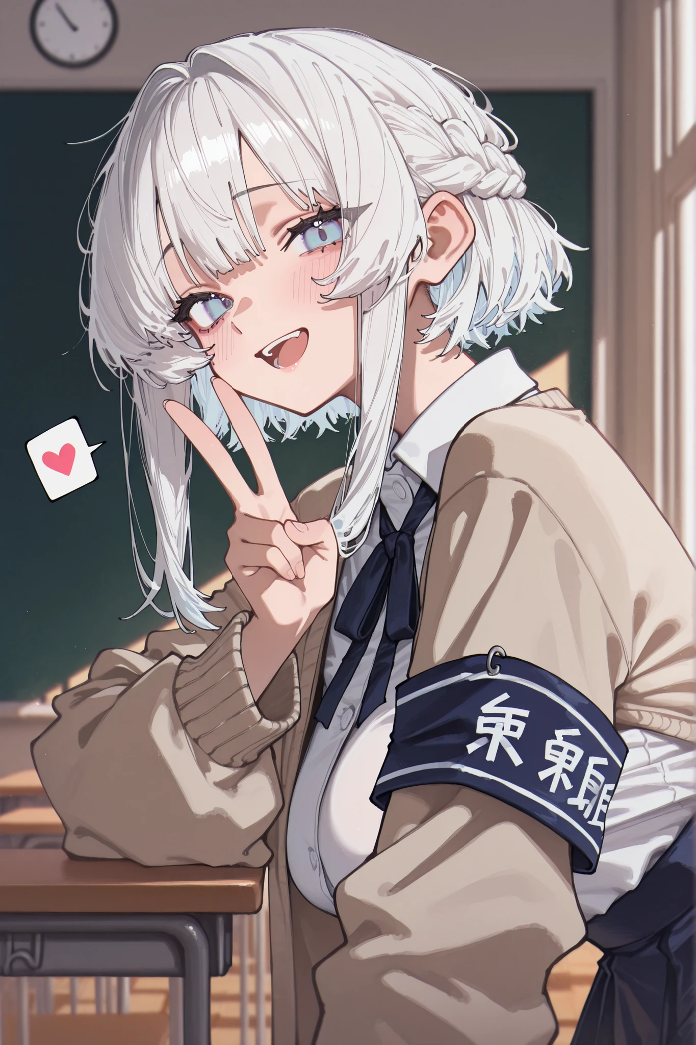 whnzz, enosan, masterpiece, high quality, best quality, detailed eyes, detailed hair, detailed skin, 8K, fine detail, (masterpiece:1.2, top quality), detailed background, masterpiece, Rutting Eyes, excessive soft breasts, aegyo sal, Masterpiece, Highest Quality, solo, yoneyama mai, blurry, chromatic aberration, portrait, close-up, aegyo sal, whnzz, mnmbcstyle, five fingers, white hair, long sidelocks, French braid, white dress shirt, neck ribbon, smile, armband, spoken heart, looking at viewer, short hair, light blue eyes, dark blue skirt, school cardigan, leaning forward, in classroom, from side, side view, v sign, embarrassed, open mouth