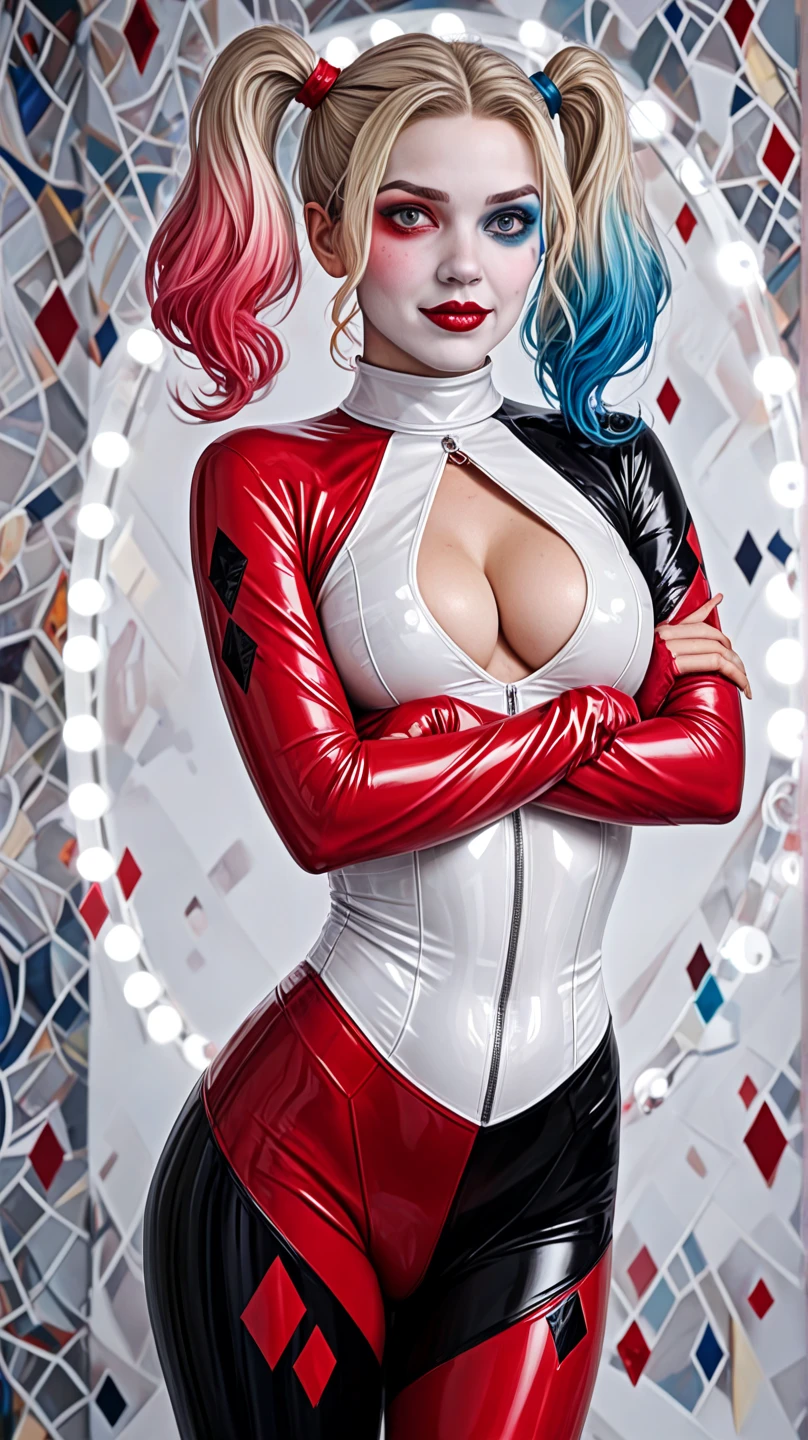 a harley quinn woman a villain with blonde hair at the tip of her hair in pink and blue and blue eyes and white skin wearing red and blue