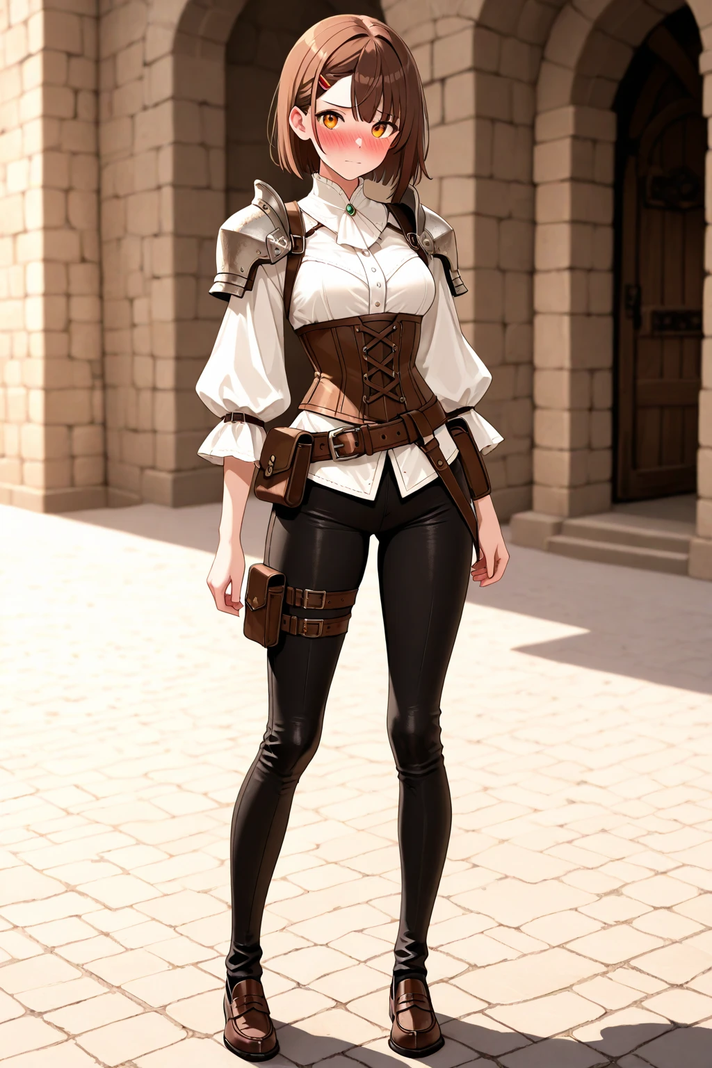 A beautiful young girl, (((solo)))), (18 years old, pink skin, green eyes, short light blonde hair), (wears a short simple dress, a cargo pants, with a leather boot and a brown robe), (there are several daggers tucked away in a girdle), she is in a steampunk town, snowing