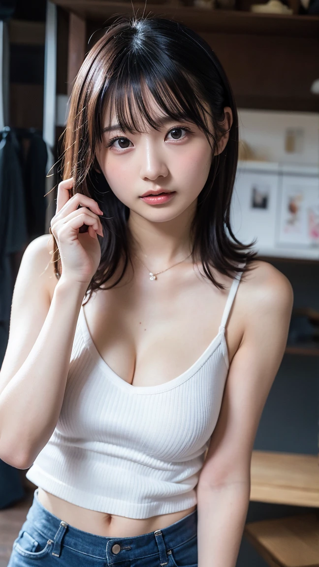 table top, highest quality, 16k, 1 girl, 16, big breasts, Raw photo, professional photography, portrait, soft light, professional lighting, alone, 笑face, close, face, close, cute, girly, goddess, delicate girl, pure beauty, Digital single-lens reflex camera, avert your eyes, Frank, Sophisticated, film grain, (目とfaceの詳細:1.0), long hair swaying in the wind, bangs, (White tight tank top that clings to the breasts)、(Pale blue pleated skirt)、(big breasts:1.5)、cute hanging eyes、late night office、I'm sitting in a chair in front of my computer