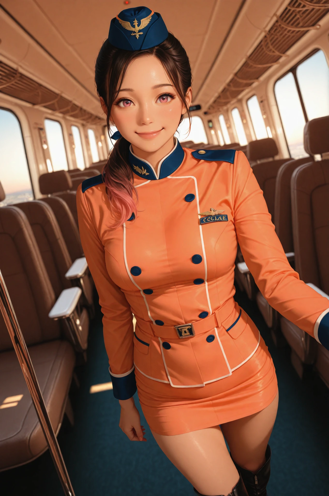 1girl,flight attendant,microskirt and boots uniform,orange and pink dress,smile,airplane interior,dynamic angle,depth of field,newest,super fine illustration,highly detailed beautiful face and eyes,perfect anatomy,professional lighting,(volumetric lighting),photorealistic,photo background,cinematic lighting,natural lighting,warm colors,golden hour,soft focus,octane render,HDR,8k,masterpiece,high score,great score,very aesthetic,absurdres,upper_body,