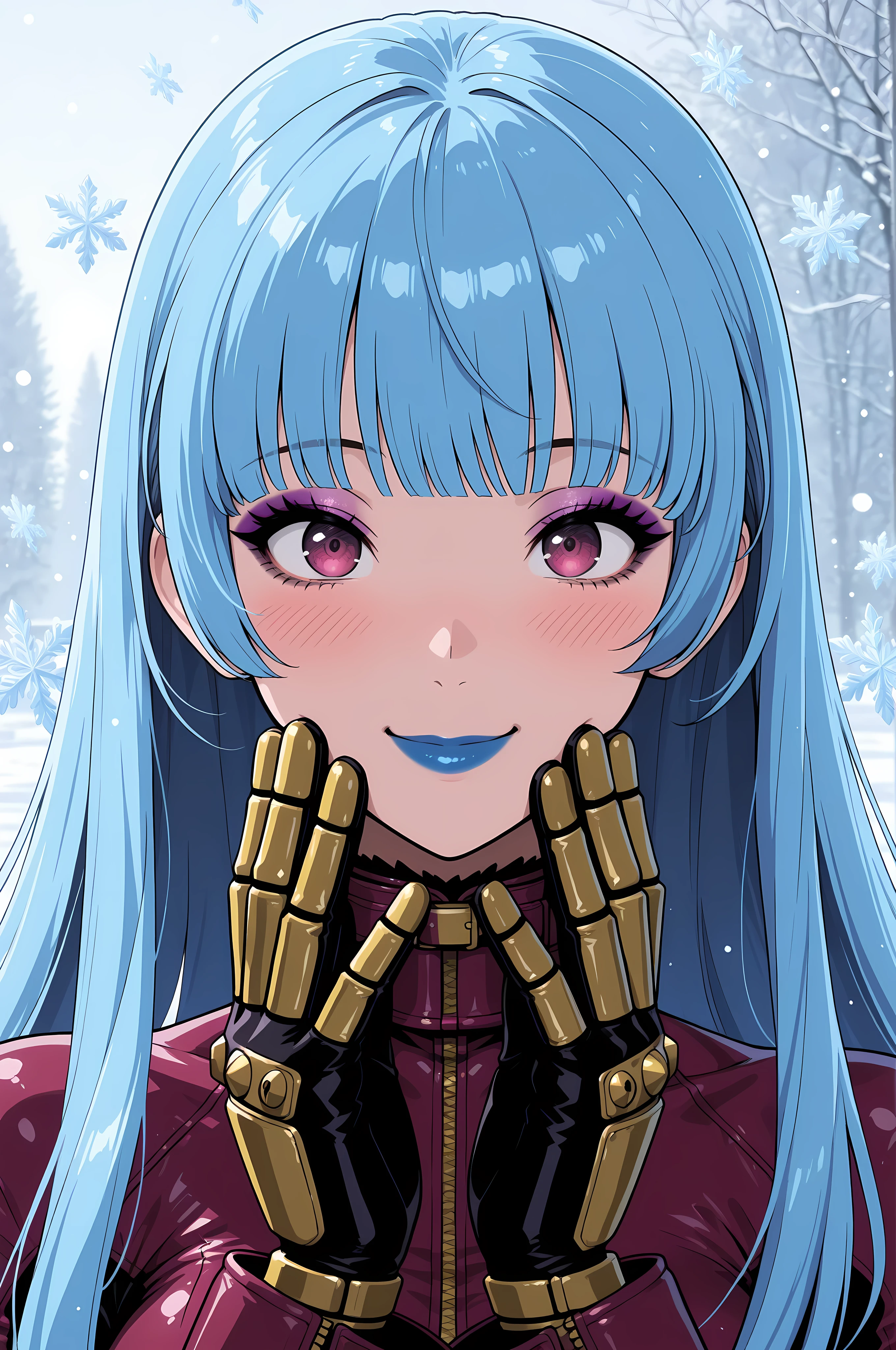 masterpiece, best quality, absurdres, newest, very aesthetic, amazing quality,highres, solo, Kula Diamond \(king of fighters\), blue hair, hime cut, purple eyes, gloves, (1girl), (detailed face:1.2), (detailed eyes:1.3), black eyeliner,purple eyeshadow, blue lipstick, blush, , snowflake, high resolution, 8k wallpaper, Distinct, magical atmosphere, beautiful background, high quality, snowy background 