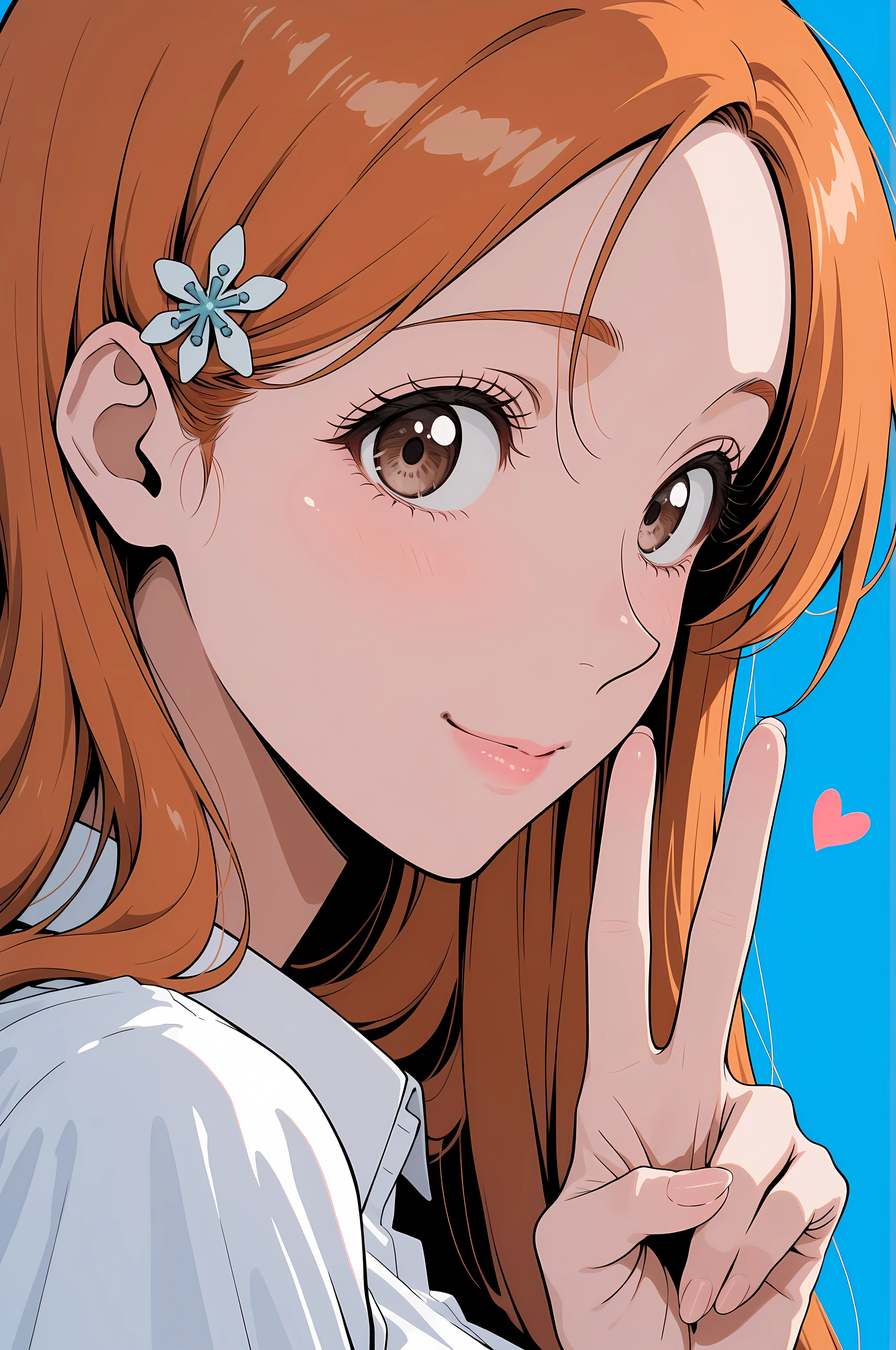 masterpiece, best quality, amazing quality, very aesthetic, absurdres, newest,highly detailed,highres,close-up portrait, female, woman, inoue orihime,hair clip,orange hair,long hair,brown eyes,fair skin,Shiny skin,pink lips,white collared shirt,simple background,blue background,v sign,one hand,heart,depth of field,slight smile,looking at viewer,from the side,clean lines,smooth lines,sharp,