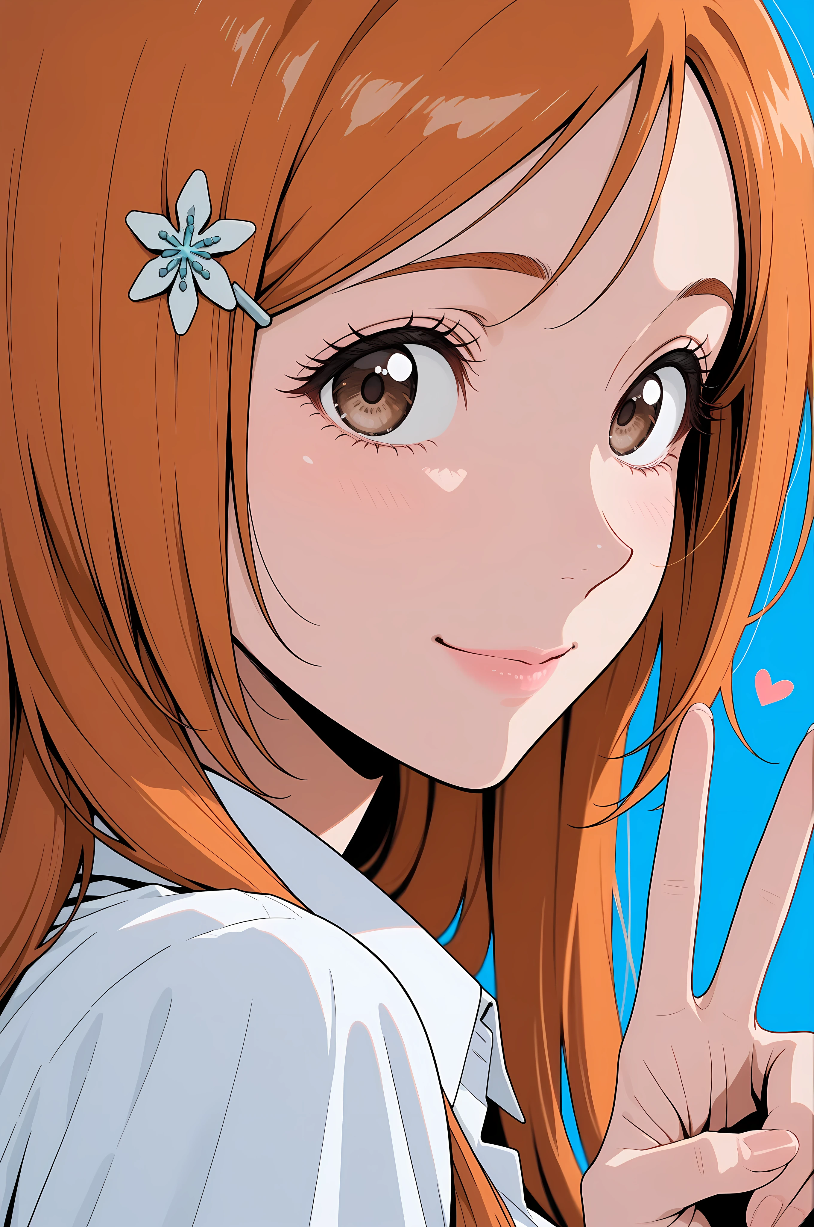 masterpiece, best quality, amazing quality, very aesthetic, absurdres, newest,highly detailed,highres,close-up portrait, female, woman, inoue orihime,hair clip,orange hair,long hair,brown eyes,fair skin,Shiny skin,pink lips,white collared shirt,simple background,blue background,v sign,one hand,heart,depth of field,slight smile,looking at viewer,from the side,clean lines,smooth lines,sharp,
