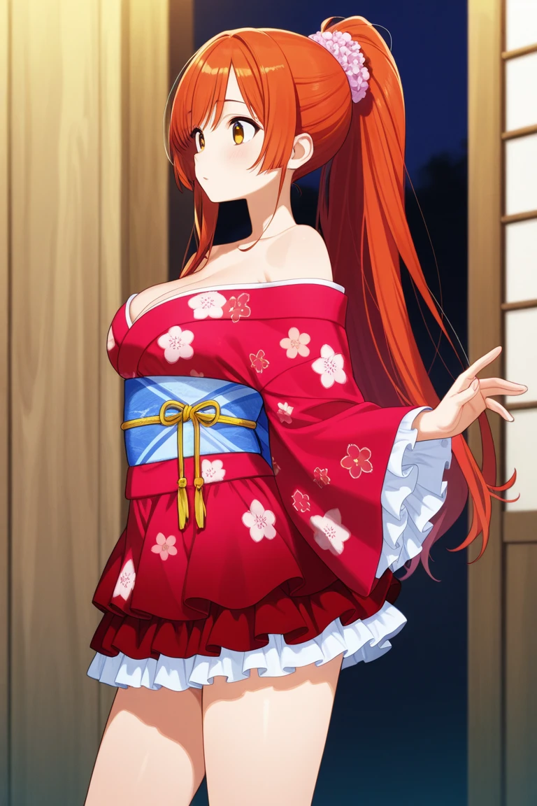 (Masterpiece, Best Quality, High Quality), professional artwork, well drawn, Intricate Details,solo,in village 
Kousaka honoka, afternoon
, ultra detail hair, ultra detail face, perfect eyes,  earring,  Looking at Viewer, pink clothes , off shoulder kimono, cleavage, thighhighs, (thighs), thighs gap,dark orange hair , standing 