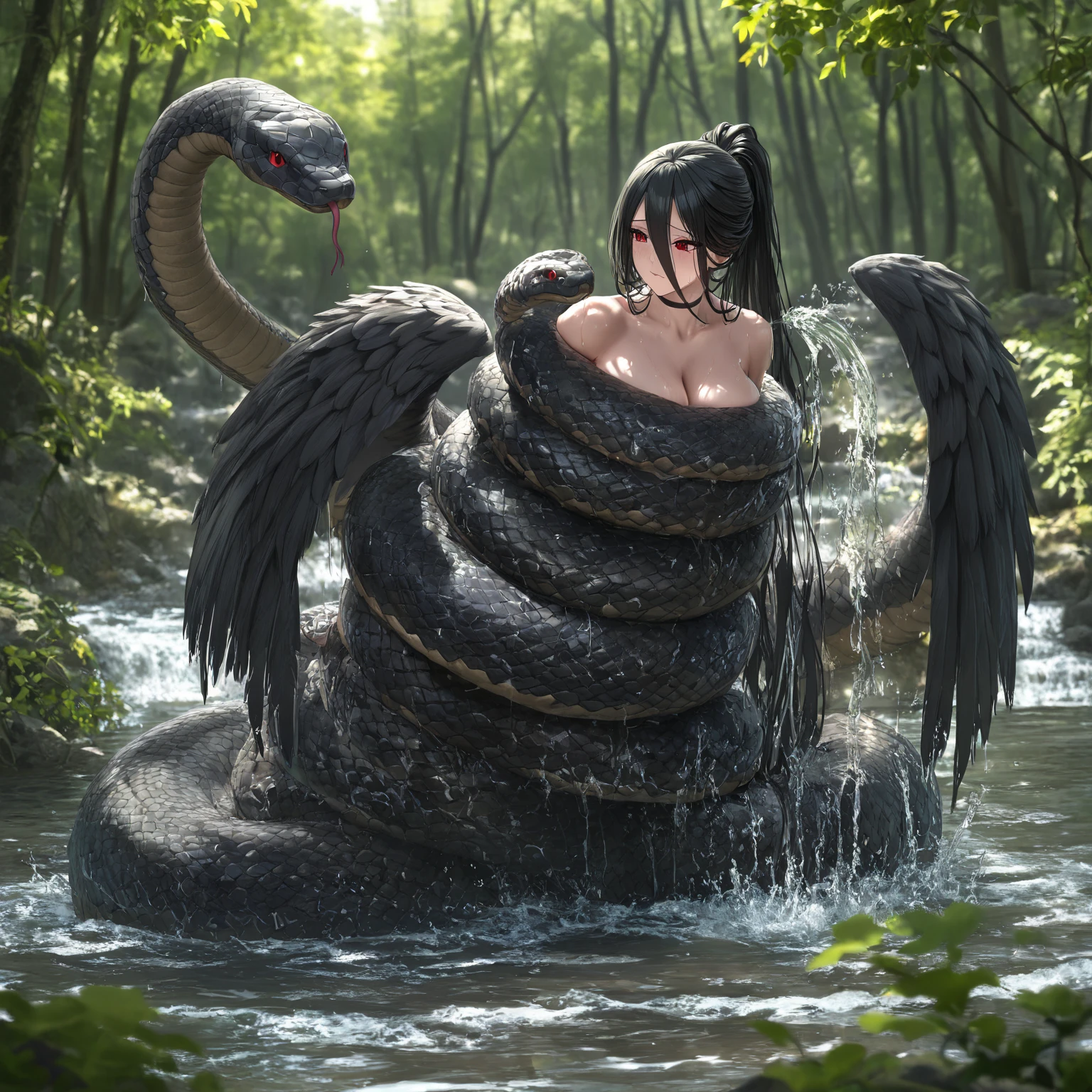 Pregnant Happy , aroused 1girl), beautiful kneeling Indian  young teen girl with  giant colossal black titanboa squeezing her hard, wrapped in thick spiraling coils, constricted, struggle, gasping for air, snake attack, snake peril, moonless night, dim light