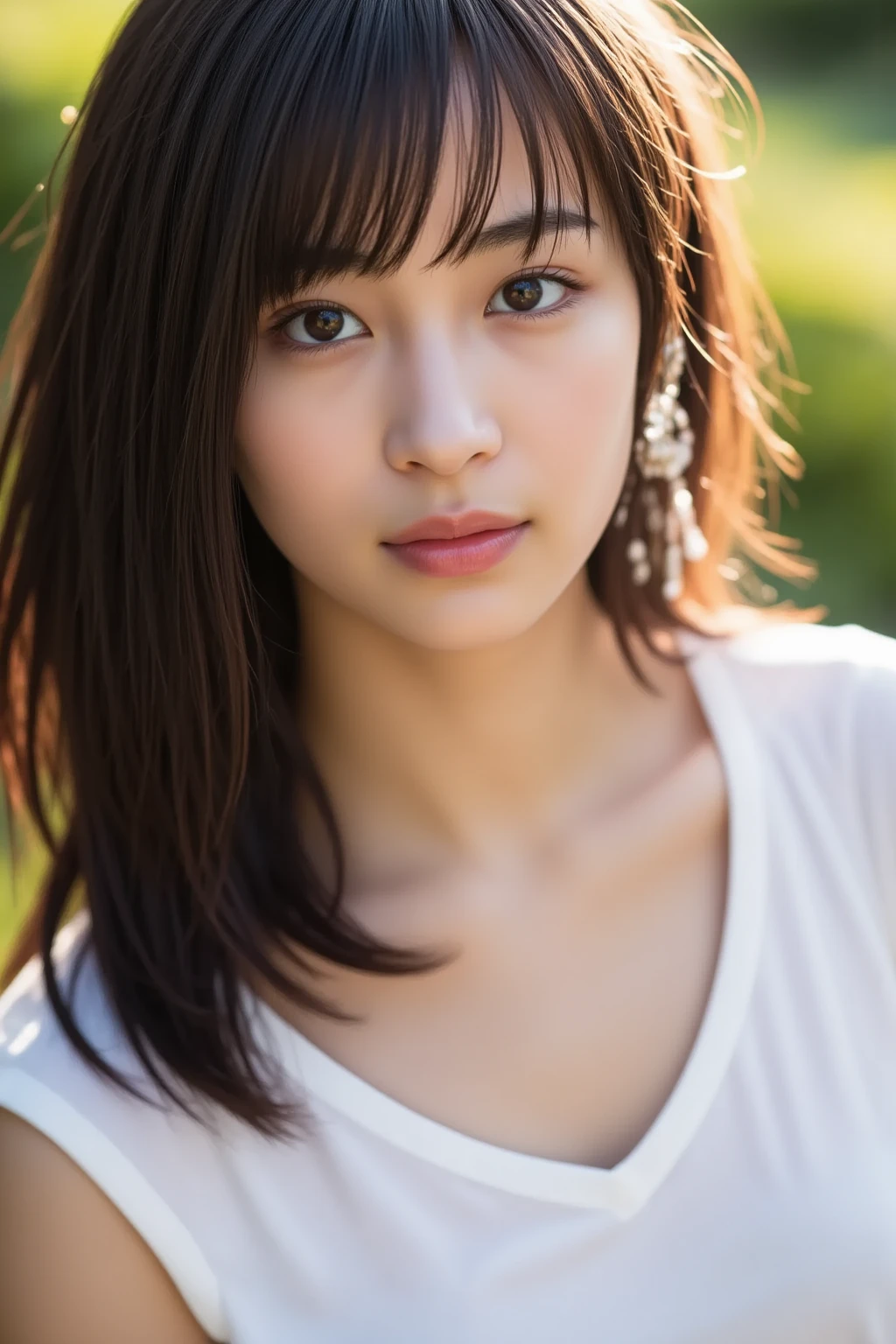 17 years old girl, soft wave long blunt bangs black hair, well formed facial features, calm peaceful happy expression, sexy, sensual, glowing pale white skin, Ultra-realistic, High resolution UHD, masterpiece, Very beautiful facial details, Highest quality realistic skin texture, Symmetrical eyes, Fine eyelashes, Thinly trimmed eyebrows, starring at the viewers, Natural Makeup, chapped lips, A good brown eye for quality, Captured in exquisite detail and high resolution with Hasselblad X2D 100C with a 90mm f/2.5 lens, the image exudes a sense of purity and innocence, perfect shaped medium breast, upper body pose, outdoor, wide angel photo, wearing sports wear