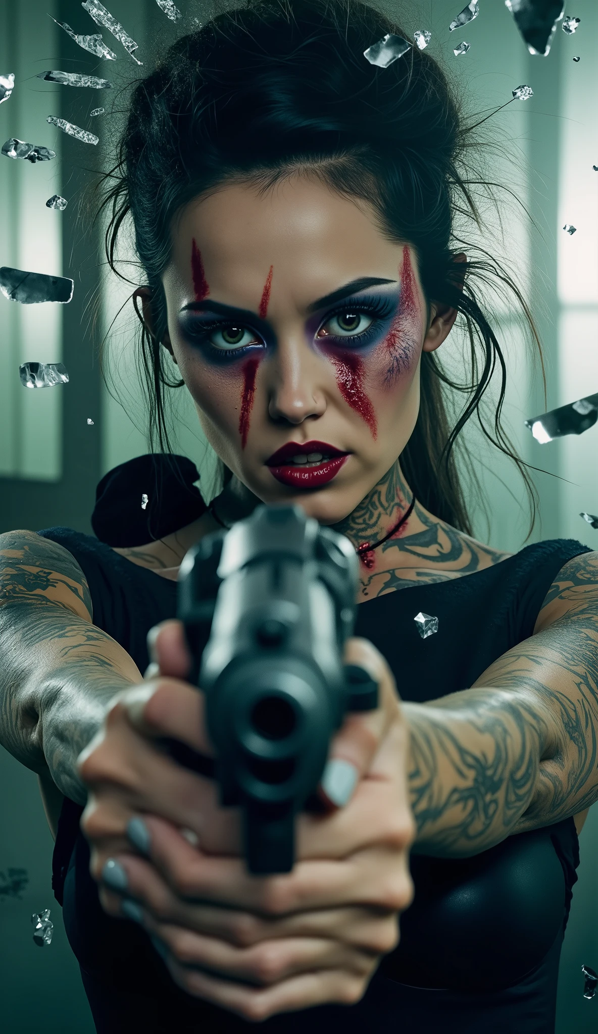 **Prompt:** Create an ultra-high resolution, cinematic horror movie poster featuring a striking female character embodying madness. She has pale skin adorned with vibrant, intricate tattoos that cover her body, accentuating her elegance. Her hair is beautifully styled, and she wears flashy, captivating makeup that enhances her expressive, rage-filled eyes. The character is dressed in a full-body joker suit, holding a handgun aimed directly at the viewer.     In the foreground, a close-up of the handgun barrel draws attention, surrounded by countless shards of cracked glass reflecting the intensity of her expression. The composition should include a dynamic upper body close-up that highlights her detailed face, beautiful hands, and thick thighs. Emphasize a realistic and super sensual aesthetic, capturing the essence of an American Horror style while ensuring the overall image glistens with exceptional quality and a mirror-like finish—perfect for an eye-catching 8k wallpaper.