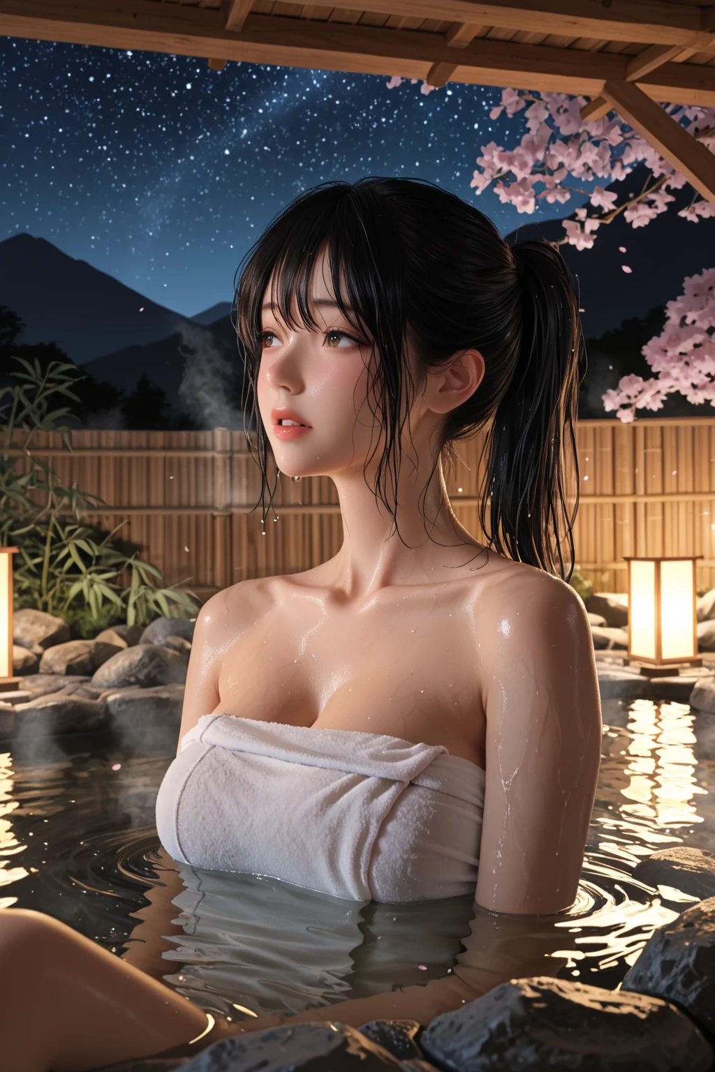 (masterpiece), (Highest quality:1.4), Absurd, [:Intricate details:0.2], One girl, (Naked Towel), (Geyser, hot spring:1.2), Moisturized Skin, (fog:1.2), Put your arms behind your back、haze, Shiny skin, Shiny skin, (partially submerged in the hot spring:1.2), (Wet hair:1.2), haze, Wet, moisture,Big Breasts、Hands tied behind back