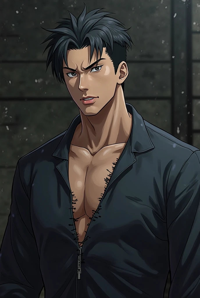 Roy Mustang from Full Metal Alchemist, shirtless, focused from below the chest, smug smile, posing like a bodybuilder