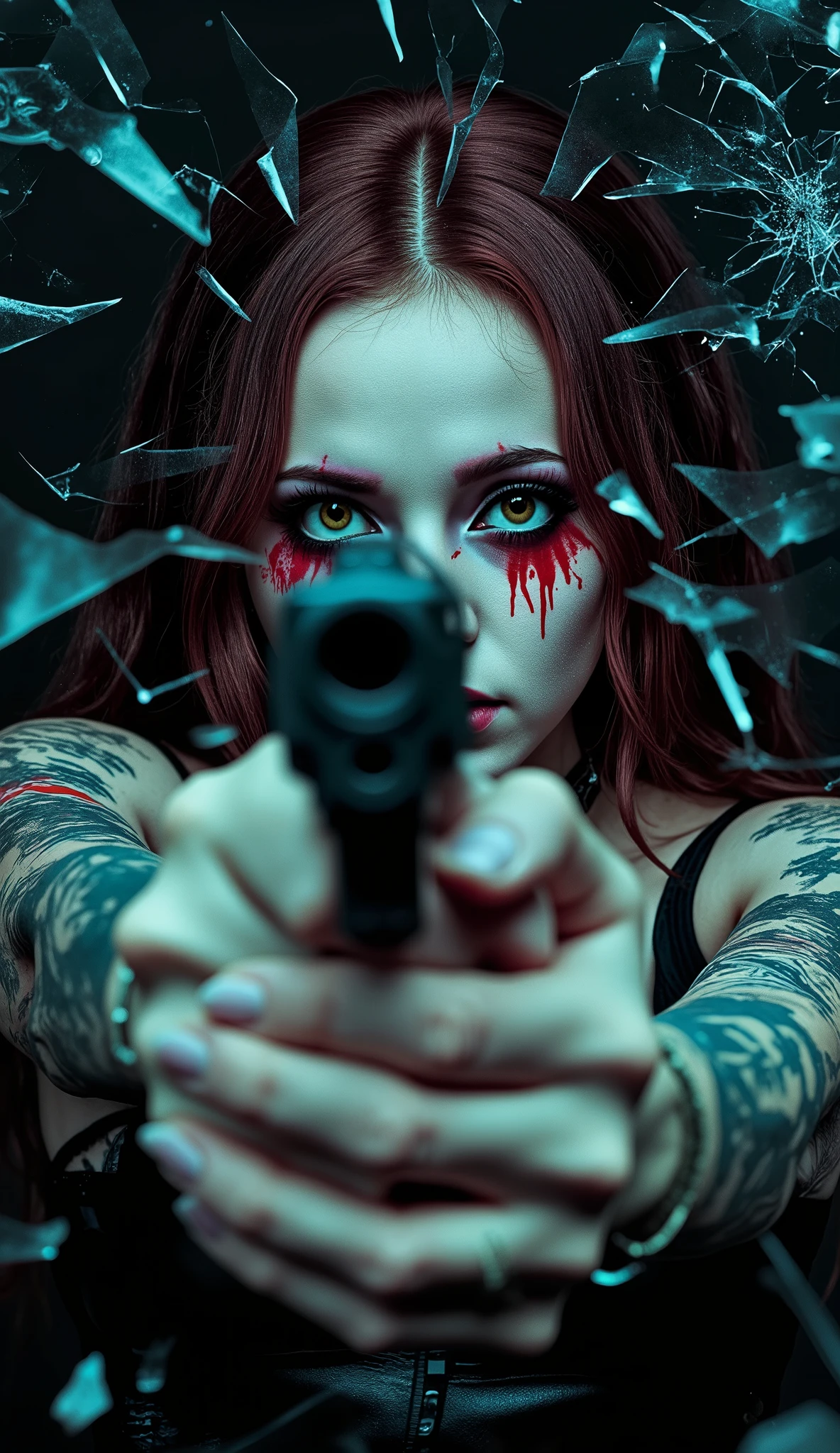 **Prompt:** Create an ultra-high resolution, cinematic horror movie poster featuring a striking female character embodying laughing in madness. She has pale skin adorned with vibrant, intricate tattoos that cover her body, accentuating her elegance. Her hair is beautifully styled, and she wears flashy, captivating makeup that enhances her expressive, rage-filled eyes. The character is dressed in a full-body joker suit, holding up a handgun aimed directly at the viewer. In the foreground, a close-up of the handgun barrel draws attention, surrounded by countless shards of cracked glass reflecting the intensity of her expression. The composition should include a dynamic upper body close-up that highlights her detailed face, beautiful hands, and thick thighs. Emphasize a realistic and super sensual aesthetic, capturing the essence of an American Horror style while ensuring the overall image glistens with exceptional quality and a mirror-like finish—perfect for an eye-catching 8k wallpaper.