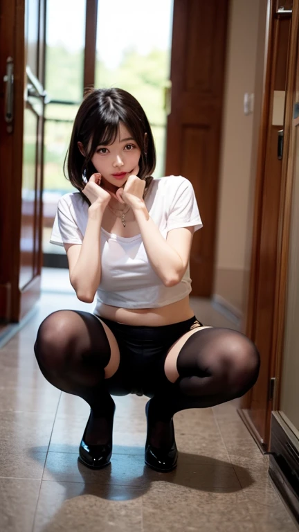 highest quality, ultra high resolution, (realistic: 1.4), beautiful eyes, super beautiful, short hair, flat chest, spouse, Eyes that invite the viewer, spouse's eyes, an inviting look, The expression of sexual ??????, perfect style, perfect balance, fine skin, mischievous eyes, I can see your chest、Woman looking down、skin luster、sweating、Emphasis on the balance of limb size, ((show off your pussy)), open your mouth, spread legs, Spread your legs apart、?????? tears、thin thighs, thin legs, quirky pose, look up from below, shirt, skirt, suit jacket, small earrings, short bob,looking down at the viewer、I can see the pussy、My pussy is wet from leaking pee、Touching the clitoris with your fingers、Squirting、The poured ????? is flowing out
