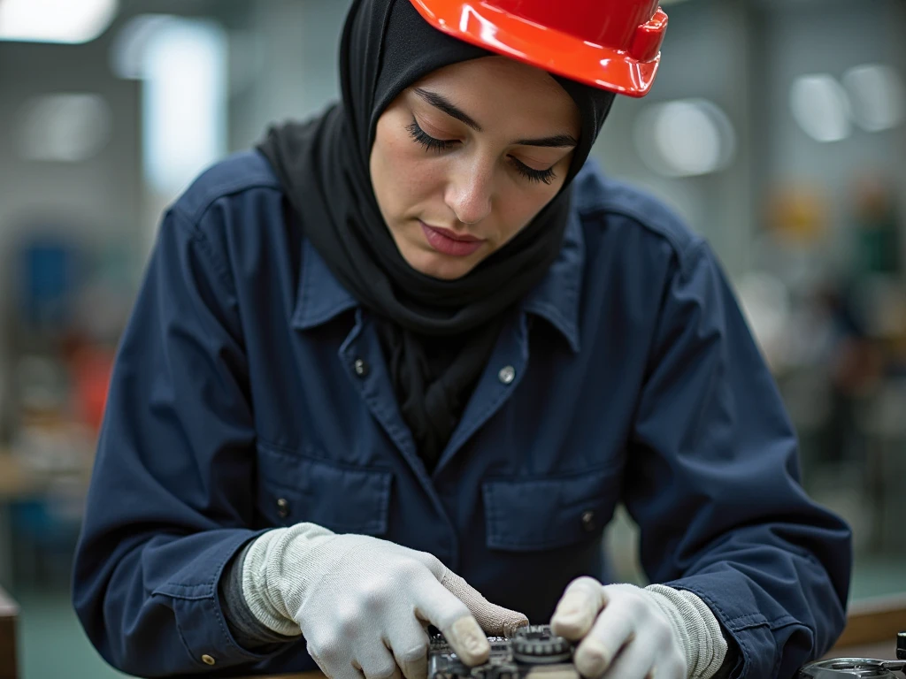 ((best quality)), ((masterpiece)), (detailed), Charming female mechanic covered in grease,Confident smile,looking at camera,(Dirty and rough charm:1.2), (A tenacious and confident demeanor:1.1), (Mechanical expertise:1.3), black hijab kerudung, With a naughty smile on his face,dirty, The stained overalls hugged her curves, (Tough Tools of the Trade:1.2), Messy repair shop, Scattered car parts, (Real car atmosphere:1.2), (intense gaze:1.1), She holds a wrench in her dirty hand, 8K resolution,looking at another, look away,( Tattoo:1.2), masterpiece, best quality,Realistic, Ultra-high resolution, Photographic lights