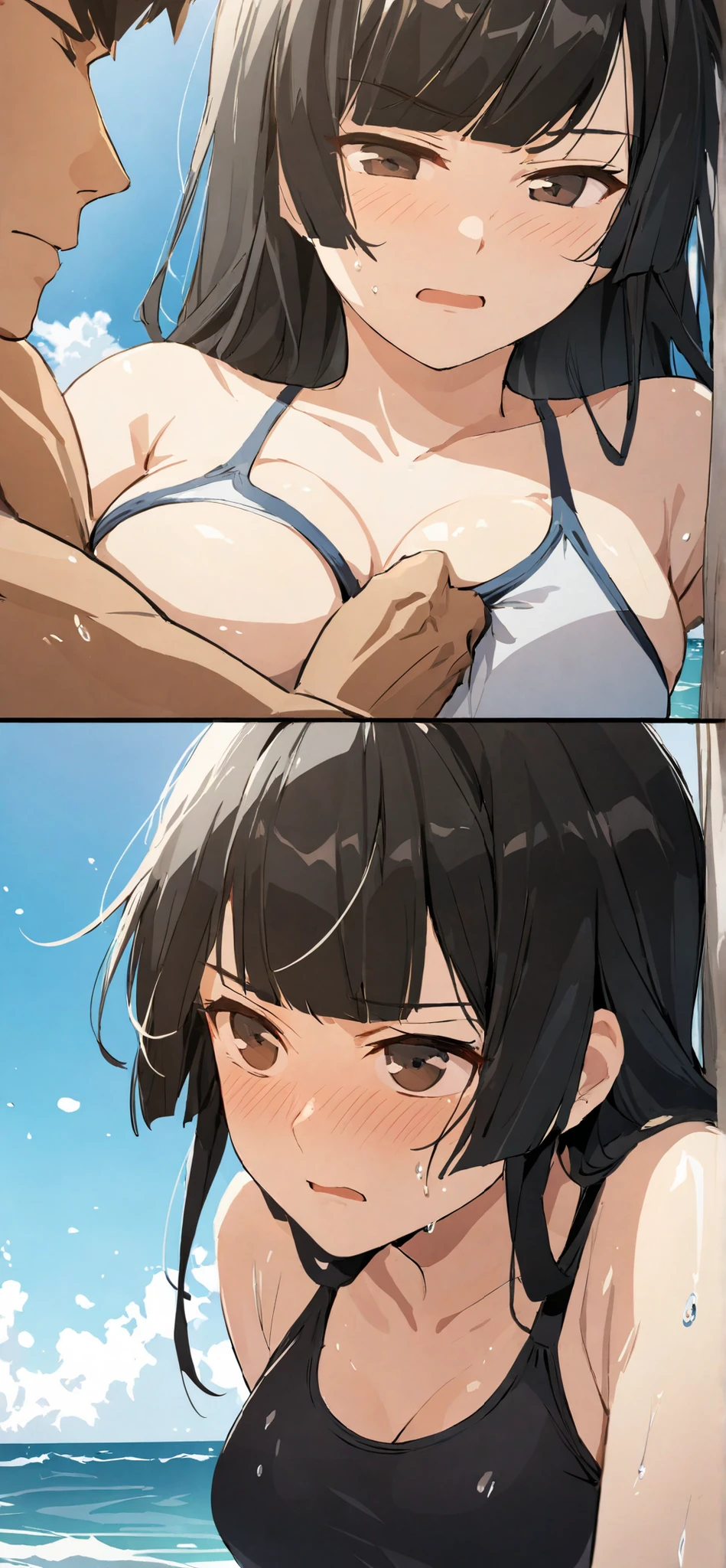 (Masterpiece, Top quality: 1.5), nsfw, (large breasts:1.3), ( nude, bared, naked:1.4), standard weight, ( brown hair:1.4), (airy hair, wavy hair:1.3), long hair ,asymmetry bangs, swept bangs,16 year old, angry, (flustered:1.3), sexual climax:1.3, open mouth, beautiful scene of beachside , dynamic pose, (wet:1.3),(1boy and 1girl are having sex:1.3), (breast grab from behind:1.3), a boy is with black hair, (cum:1.3), (pubic hair:1.2), arms up