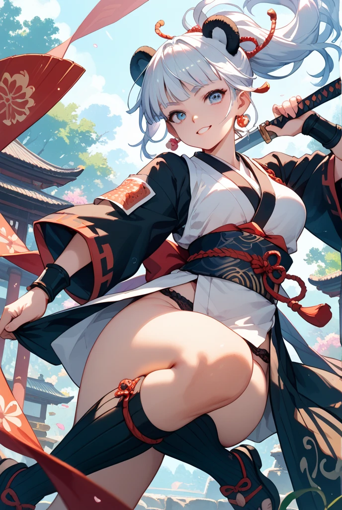 {{{masterpiece}}}, {{{best quality}}}, {{ultra-detailed}}, {illustration}, {{an extremely delicate and beautiful}},(Edo townscape),1girl,smile, cute girl, solo, japanese clothes,short hair, (white hair:1.5),weapon,( sword:1.2), brown eyes, looking at viewer, kimono,(Clothes come off:1.5), brown hair, lips, hand on hip,( sheath:1.2),( katana:1.3), full body, closed mouth, sheathed, hand up,(upskart:1.5),(white panties:1.2),(Kneeling:1.3)