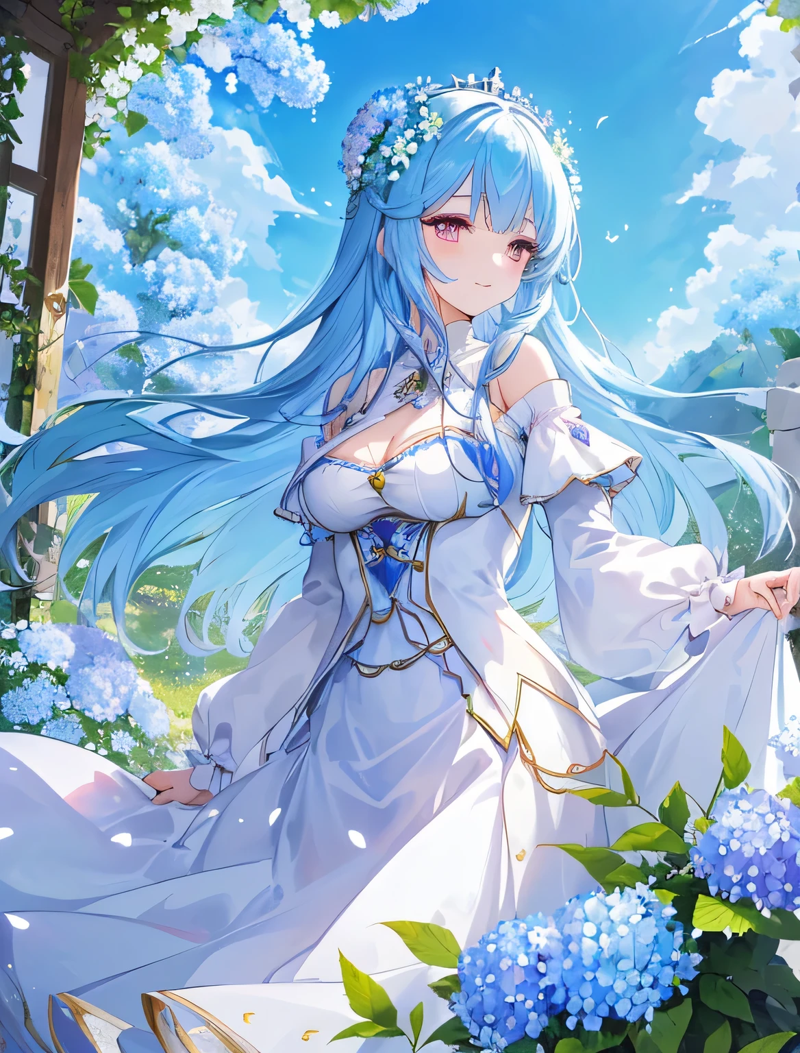((best quality)), ((masterpiece)), ((Very detailed)), (illustration), (Detailed lighting), (an extremely delicate and Fair), ((prune)), Excellent_absurd, (Ray Tracing), (reflected light) rest (8K:1.3), 1 girl, (Girl in the flowers:1.4), (Pure sky blue hair, Red Eyes:1.5), Clear skies, External, Very detailed, best quality, Ultimate quality, masterpiece, Fair, beautiful, sit on the floor, (Absurdly long hair, Clear fabric boundaries:1.4), (Pure white dress, Pure white silk cloth:1.5), (Flower land, A thousand flowers, Colorful flowers, The flowers around her, Various flowers:1.51), young, Gentle and mature，bending，amazing, attractive, Sundress,charm , Pure white shoes
