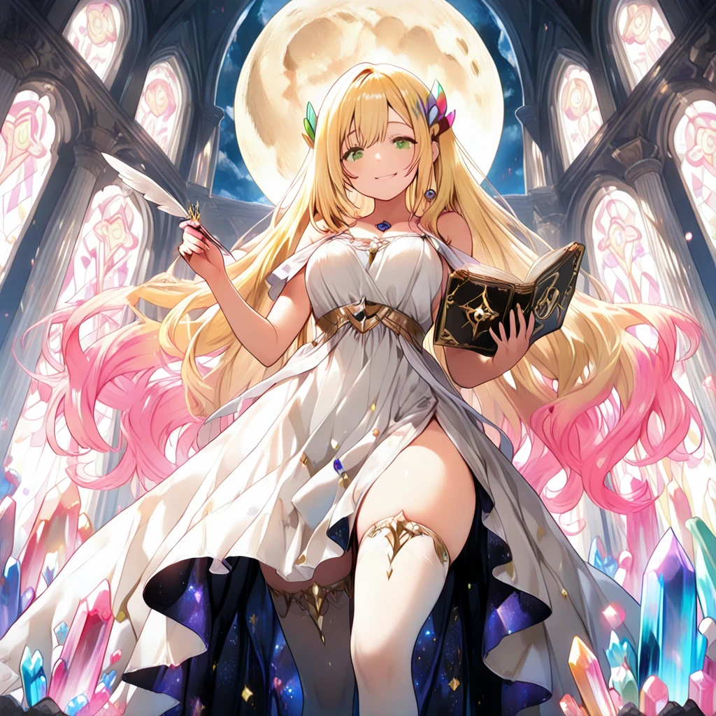 (anatomically correct, super detail, award winning, masterpiece, Highest quality, crescent hair ornament, cinematic lighting, 8k, The whole body is shown)) ,1boy, The boy is surprised, A little boy is holding an open book, Wearing a robe, Shorts, ((Glowing Book:1.3, A cute girl pops out of the book:1.45, Fantasy looking girl, A dynamic jump-out)), Anime-style, Anime effects:1.3