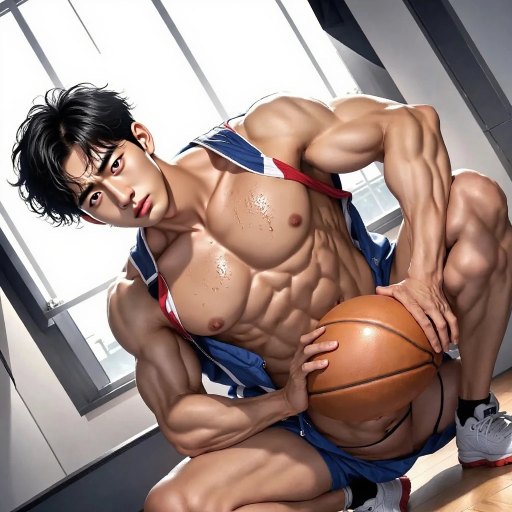 Daiki Aomine sitting down naked on a bench with massive penis, bodybuilder, with oily skin, dark skin, handsome, big legs, defined body, topless, shirtless, abs, sweat, red eyes, masturbating, ((masterpiece)), (best quality), perfect anatomy, splashed with thick milk on abs, 8k, highres, scenery of a basketball court