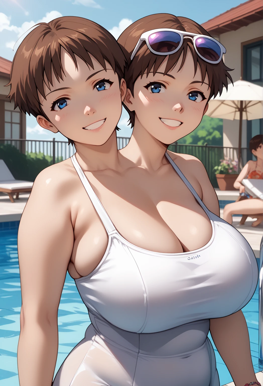 2 heads, a tall skinny woman with 2 heads. Outside at the beach. Wearing swimsuit. Deep cleavage. Enormous round fake breasts. Big messy brown hair in a bun. Young teenager. Cute thin face. Blushing. Aroused. Gigantic fake breasts. Gripping breast. Slutty. Wife. Mother. Wide hips. In love. Blushing. Smiling wide.
