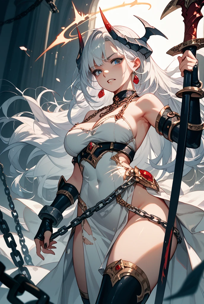 ((best quality)), ((masterpiece)), (detailed), 1girl, NSFW, small breasts, prominent collarbones, skinny arms, flat stomach, visible hip bones, long hair, ponytail, thick ponytail, heavy ponytail, red and white clothing, Bloodborne inspired, occult aesthetic, occult, detailed and intricate steampunk and detailed gothic