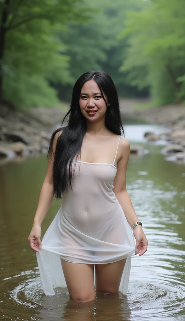 long hair, chest, smile, Mouth open, นุ่งผ้าซิ่นไทยรัดchest,Soak in the waterfall from waist down.,1 girl,