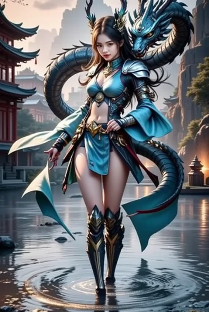 (best quality, ultra-detailed, photorealistic), A stunning, surreal artwork featuring a voluptuous and slender Asian female warrior, adorned in elegant armor. She stands proudly in front of an impressive, armored Chinese dragon, with cascading waterfalls and a mystical, vibrant landscape in the background. The composition is impeccably arranged, displaying brilliant colors and intricate details. This conceptual piece is a masterful blend of illustration, painting, and 3D render, creating a captivating portrait of strength and beauty., 3d render, painting, portrait photography, illustration, conceptual art