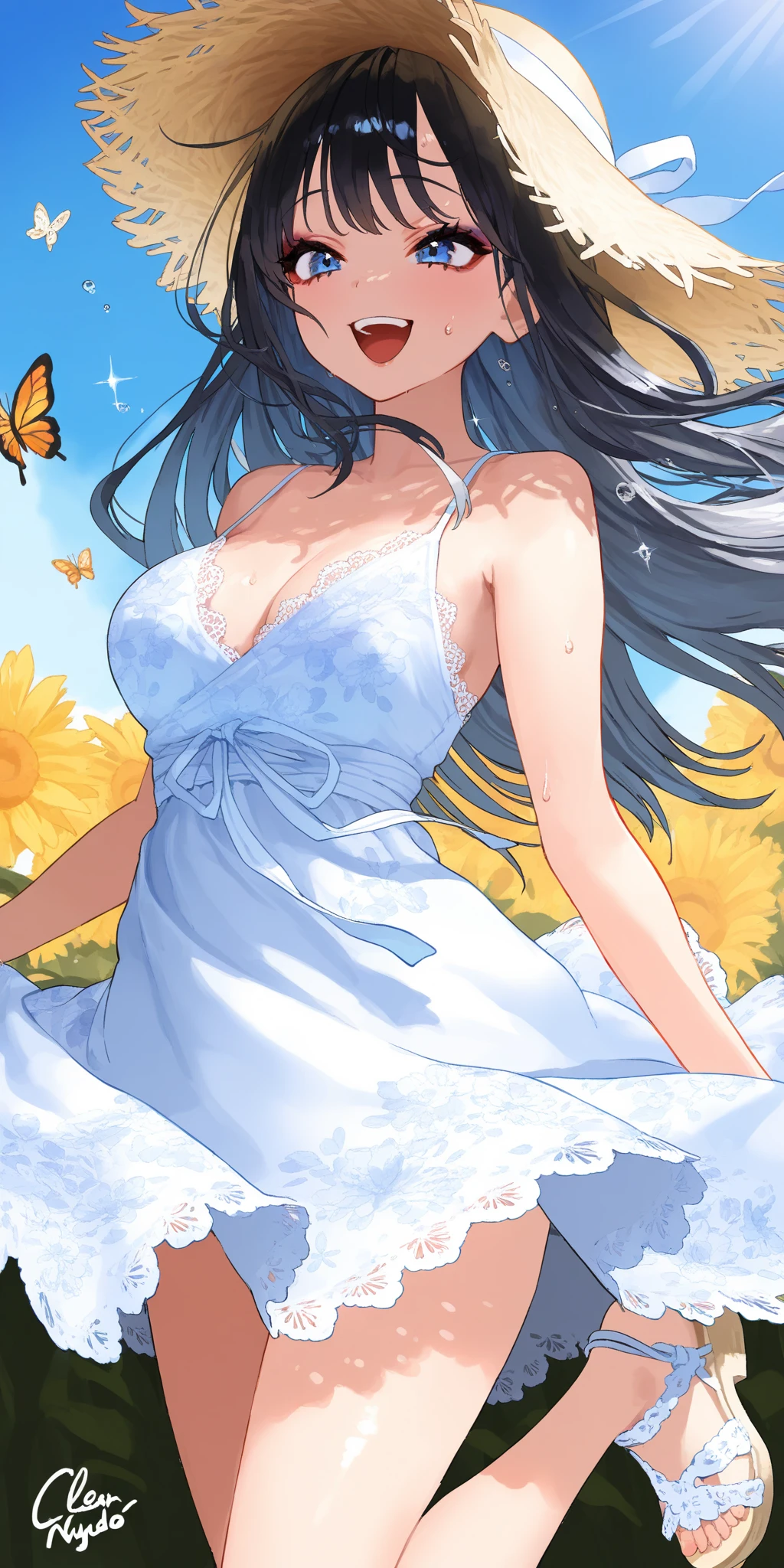 (absurd res, A high resolution, ultra - detailed, hyper HD, Cinematic), Alone, 1个Giant Breast Girl, mature, Happy, (huge breasts:1.6),girl standing in light blues flower field, light blues flower petal surrounding girl, full bodyesbian, Black long-haired girl, light black hair, fanciful, dream-like, Snowy Land, offcial art, trending art, contours, ultra - detailed face, ultra - detailed red eyes, light blues flower field, ultra - detailed field, The white blue sky, Cold, light blues, The white, Nebula in the sky, blue tree, aquarelle, pastel colour