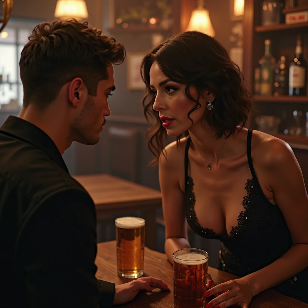 A handsome sexy young man sitting in a cowboy bar with 2 gay friends, one talks in his ear and the other touches his ass 