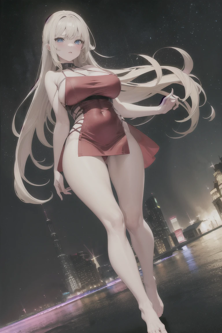 1girl, gtscity, A beautiful girl sitting against a small building as she looks down at tiny people in a tiny city, naked, beautiful, barefoot, detailed, anime style, detailed, elf, red bikini, high heels, white hair, hearts, she fell in love with little guy that standing next to her foot, huge breast, very huge breast, huge ass, very huge ass, sfw, hearts,