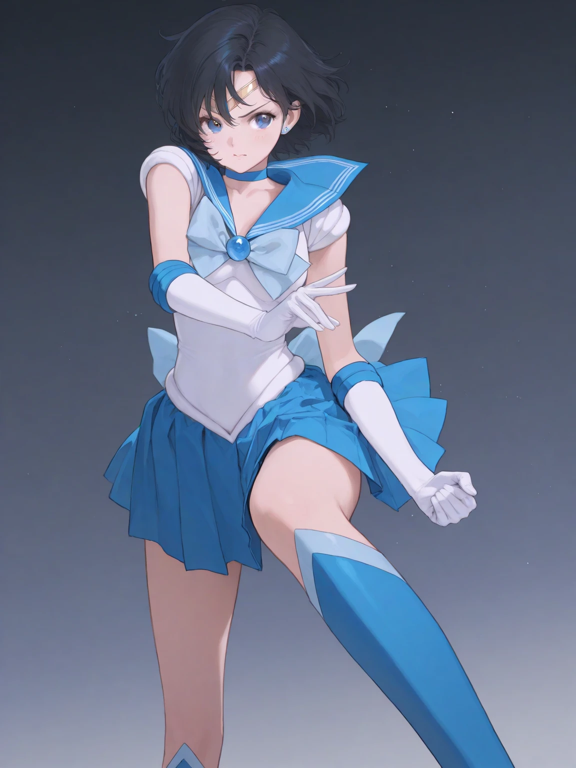 ​masterpiece, top-quality, hight resolution, 8K, Hi-Res, ultra-detailliert, 1girl in, (Anatomically correct), (Full limbs), (Precise fingertips), Slender 18 year old beautiful active girl, Brown-eyed, Slender eyes, A dark-haired, extra very short hair, (Black skin:1.3), ((Sailor Moon: 1.3)), (white  leotard), (Blue sailor color), (Over-the-knee boots:1.1), a choker, (white glove), Blue choker, (elbowgloves), (a blue skirt), sole, flexible, (Standing on one leg:1.2), (standing split:1.3), muscular, Hand lifting one leg, ((Gymnastics competition venue:1.3)), A smile, High school students, Full body like, Bust 86, Waist 58, Hip 88, (Mass sweat),  (Tempered body, Toned body, Split abs:1.1)