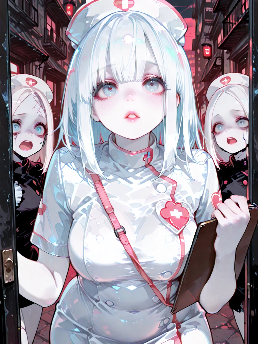 Masterpieces with up to 16K resolution, Spooky Silent Hill style. | 20-year-old woman, Wearing a pure white nurse uniform, now dirty, Torn, Bloodstained. Her body is showing signs of fatigue., Sweaty, she決意の表情と邪悪な笑みで視聴者を見つめている. Her short, Blue hair with voluminous bangs in front of the right eye、The creepy nurse cap matches perfectly.。, With a red cross in the center. Worse, dirty, A creepy hospital filled with destroyed hospital machinery, Old broken bed, Bloody Devil, Spooky Altar, rock formations, Pipe leaks, Broken Computer. The Silent Hill style is permeating the scene, Immerse yourself in a demonic atmosphere of fear and terror. | The composition of the scene emphasizes the corruption and horror., The dark angles and the play of light and shadow are used to enhance the creepy atmosphere.. Details such as blood stains on the costume, Character&#39;s sinister expression, The destruction of the hospital helps create a visually impactful experience.. | Scene with creepy woman in nurse uniform, Immerse yourself in the world of Silent Hill, full of demons and destruction, With her determined gaze and wicked smile. | {The camera is placed very close to her, revealing her entire body as she adopts an anger_Pauseas, Interact with structures in your scene in exciting ways、Lean on} | she ((anger_Pauseas interacts, Boldly relying on structure, Lean back in an exciting way):1.3), ((perfection_Pause)), ((whole body)), perfection_refer to, perfection_feet, &quot;Learn more&quot;