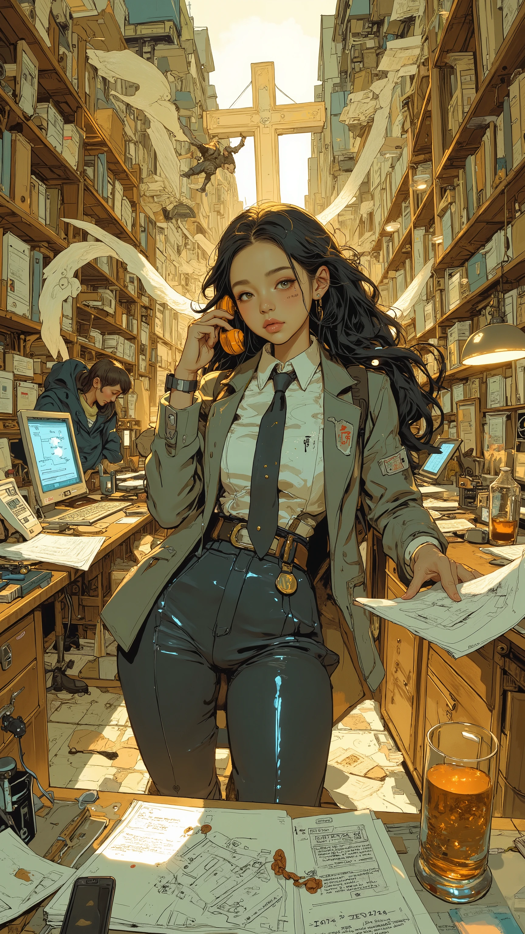 Niji Stan Katayama Style,A stressed secretary in an endless heavenly open-plan office. She is simultaneously juggling a ringing holy telephone, an overcrowded heavenly inbox and a pile of urgent miracle requests. Her business outfit shimmers slightly, But her body language screams "Burnout". In the background, other overwhelmed angels float between golden filing cabinets and swirling documents