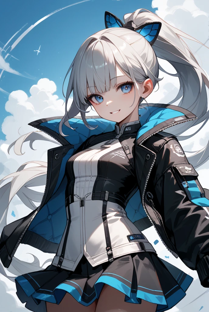 Hot girl, white air, blue eyes, black super hero clothes, blue glove, blue cape