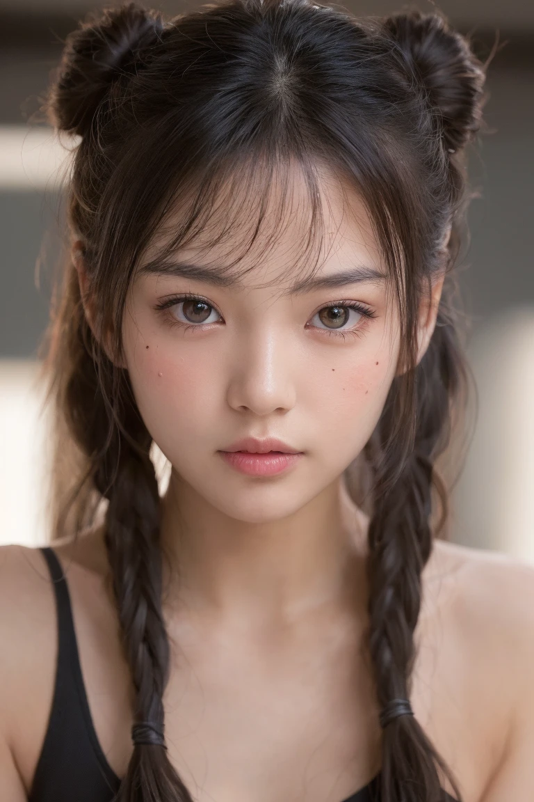 (masutepiece,best qualtiy)、high-level image quality、Realistic、Raw photo、cute little、美丽的面容、realistic glistening skin、poneyTail、Brown eyes、tthin eyebrows、准确、barechested