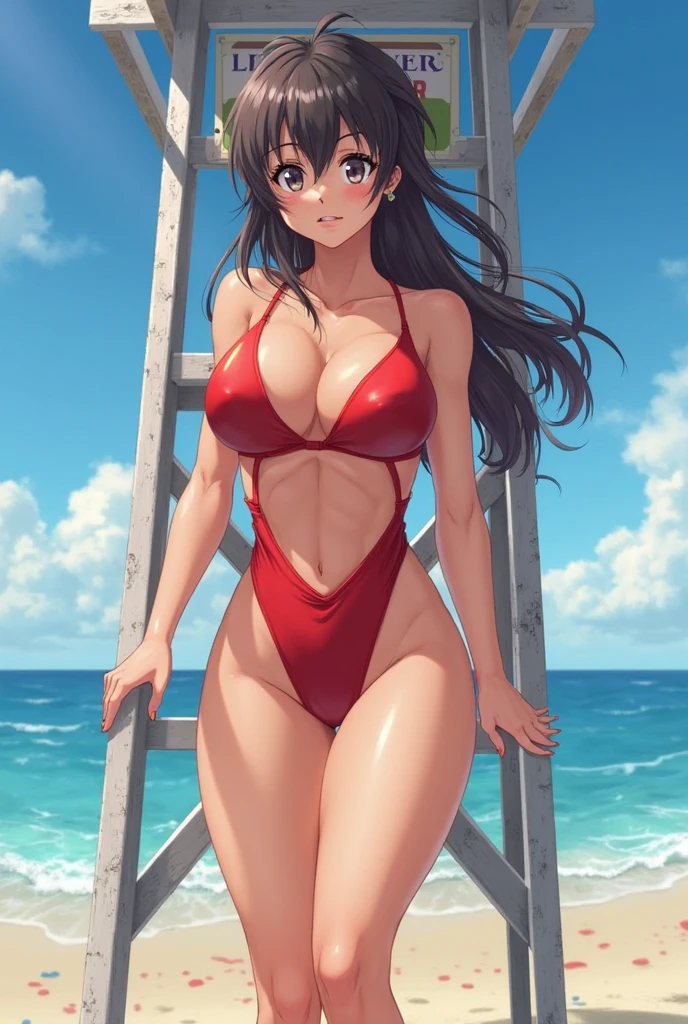 Very detailed CG Unity 8K 壁紙),(masterpiece), (Highest quality), (Very detailed), (Best illustrations),(Best Shadow)、1girl 4boys :o adjusting_hair akitsuki_karasu ass back beach_umbrella bikini black_hair breasts butt_crack chair cloud covering_breasts covering_privates from_behind g-string highres huge_breasts kurochijo long_hair looking_at_viewer looking_back lounge_chair mouth_hold multiple_boys original red_eyes shoulder_blades sideboob sitting sky smile sweat swimsuit thong umbrella