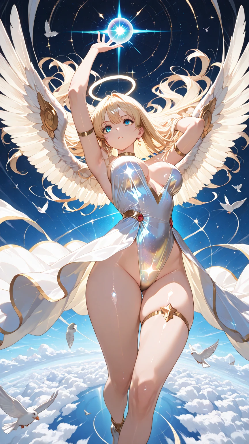 最high quality, high quality, 8K、High resolution,Highest quality、solo、A plump adult woman in a white bikini with wings on her chest viewed from below,Blonde hair and blue eyes、Thighs、Open Mouth Smile、super Wide Angel, belly button、Anime Goddess, Majestic angel all over the body, Wide Angel, Highly detailed art gems, Spectacular angles and poses, Beautiful angel, Stunning Goddess Shots, chic, Angela White, Adult female angel, Beautiful and attractive anime woman, Angel Knight Girl, She has angel wings on her back