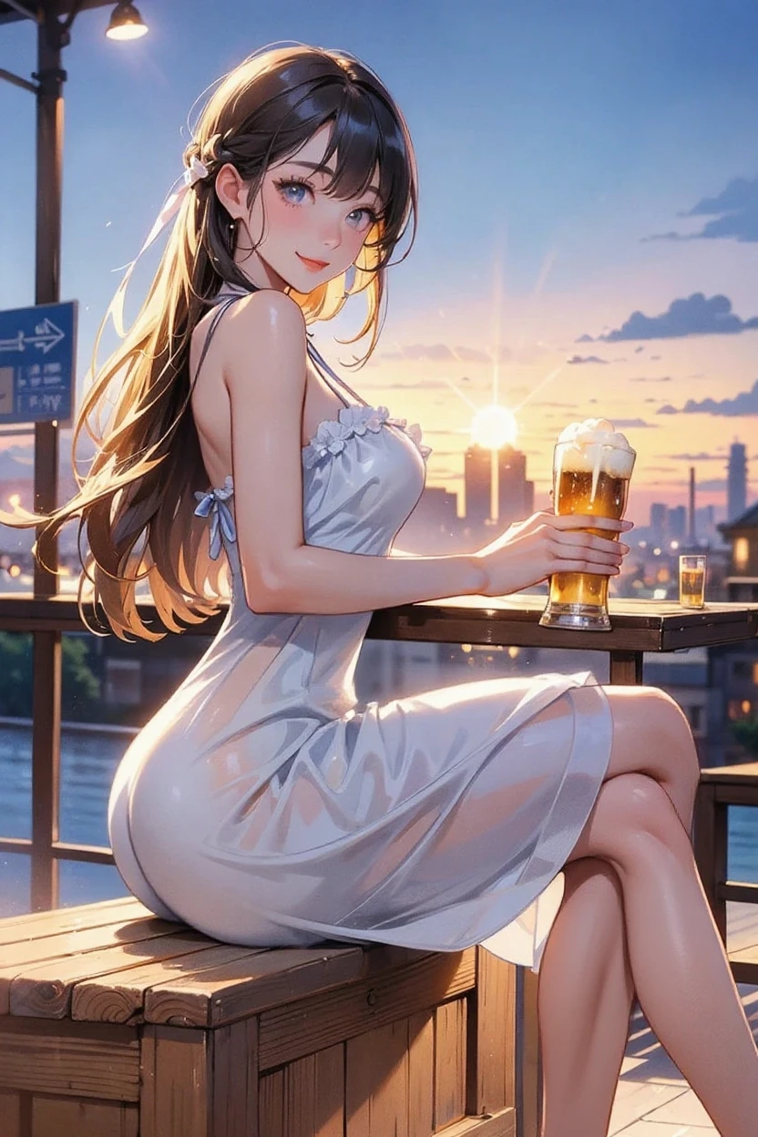 (masterpiece), best quality, perfect woman, midi dress, form-fitting, lightweight fabric, lace details, sheer panels, high heels, pointed toe, clutch, subtle accessories, seductive makeup, elegant hairstyle, Instagram photo, cinematic lighting, bokeh, city ligths, river, sexy posture, desire