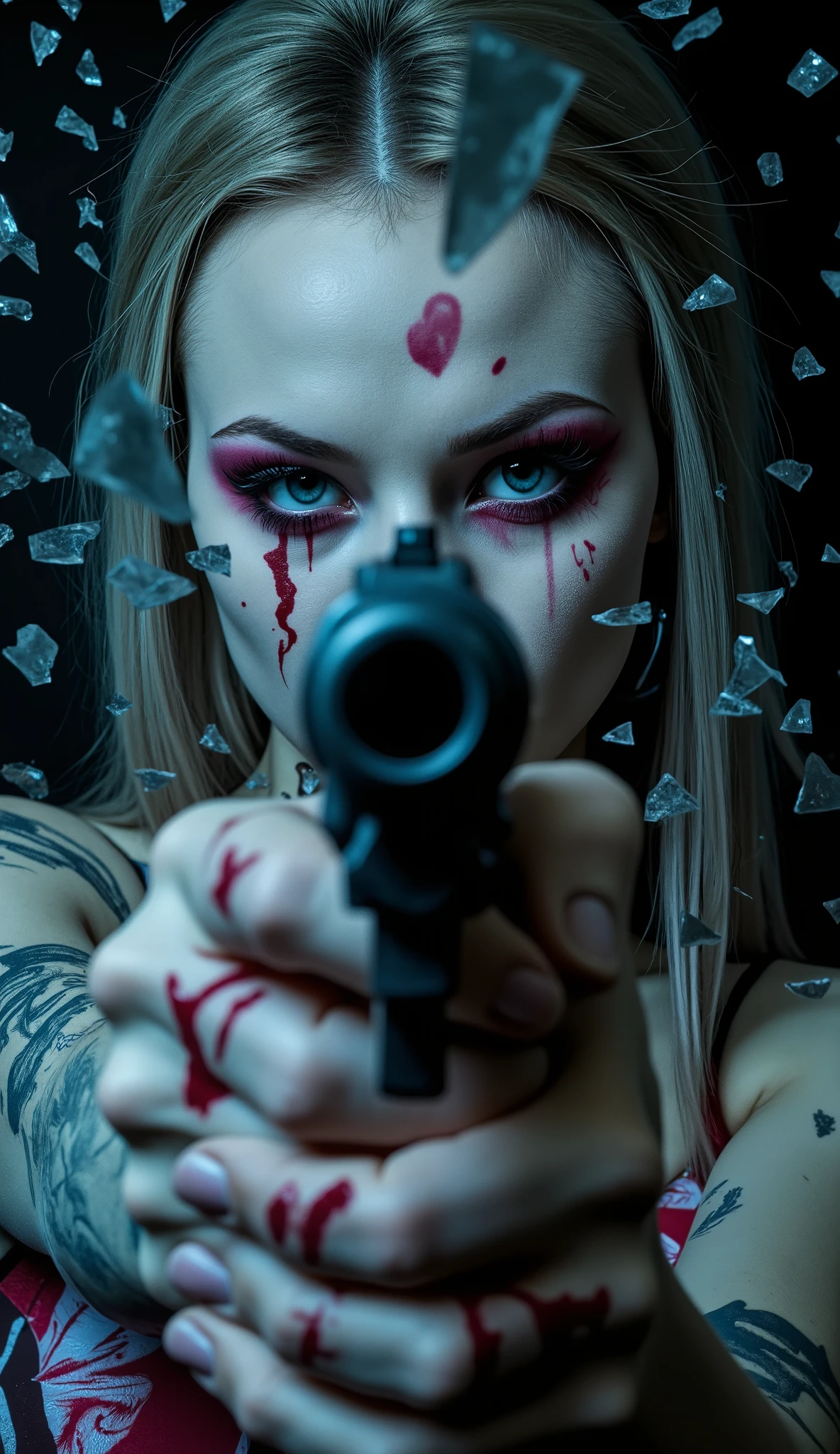 **Prompt:** Create an ultra-high resolution, cinematic horror movie poster featuring a striking female character embodying laughing in madness. She has pale skin adorned with vibrant, intricate tattoos that cover her body, accentuating her elegance. Her hair is beautifully styled, and she wears flashy, captivating makeup that enhances her expressive, rage-filled eyes. The character is dressed in a full-body joker suit, holding up a handgun aimed directly at the viewer. In the foreground, a close-up of the handgun barrel draws attention, surrounded by countless shards of cracked glass reflecting the intensity of her expression. The composition should include a dynamic upper body close-up that highlights her detailed face, beautiful hands, and thick thighs. Emphasize a realistic and super sensual aesthetic, capturing the essence of an American Horror style while ensuring the overall image glistens with exceptional quality and a mirror-like finish—perfect for an eye-catching 8k wallpaper.