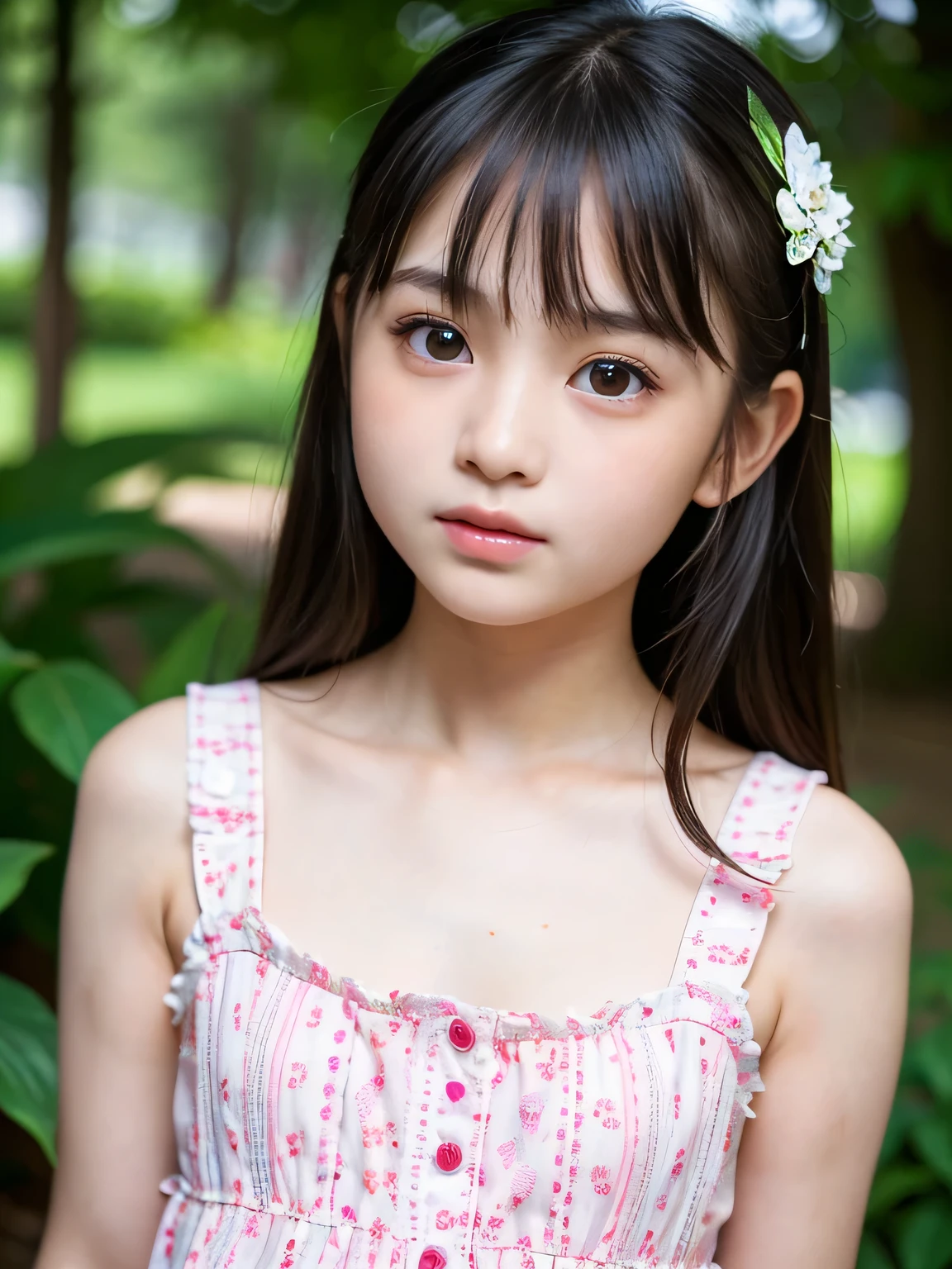 highest quality, High resolution, realistic pictures, detailed skin texture, ((Cute 12 year old Japanese girl wearing a white camisole)), view audience, slim body shape, charming gaze,  Fair skin, baby face, (flat chest:1.2), long straight hair, flower hair ornament, (loli:1.2)