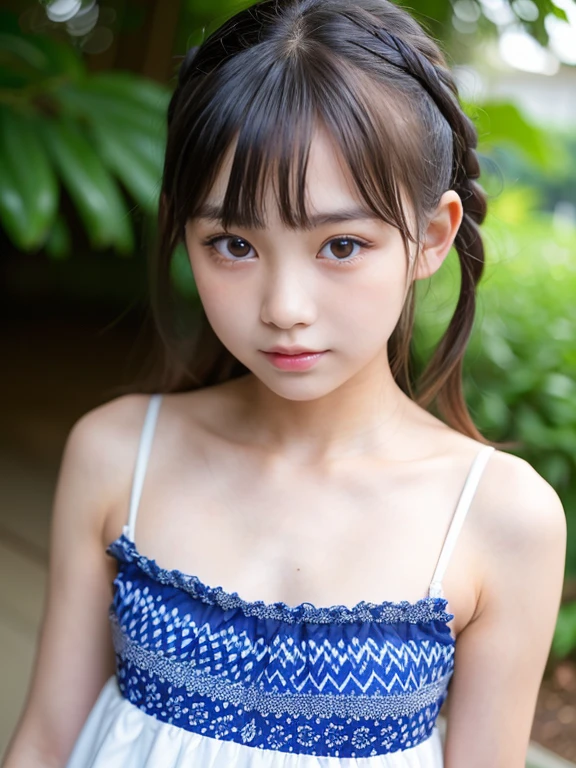 (Beautiful 14 year old Japan woman), Cute Face, (Deeply chiseled face:0.7), (freckles:0.6), Soft Light,Healthy white skin, shy, (Serious face), (Sparkling eyes), thin, smile, uniform, Braiding,(Very obscene, lewd and sexy tiny bikini:1.3)