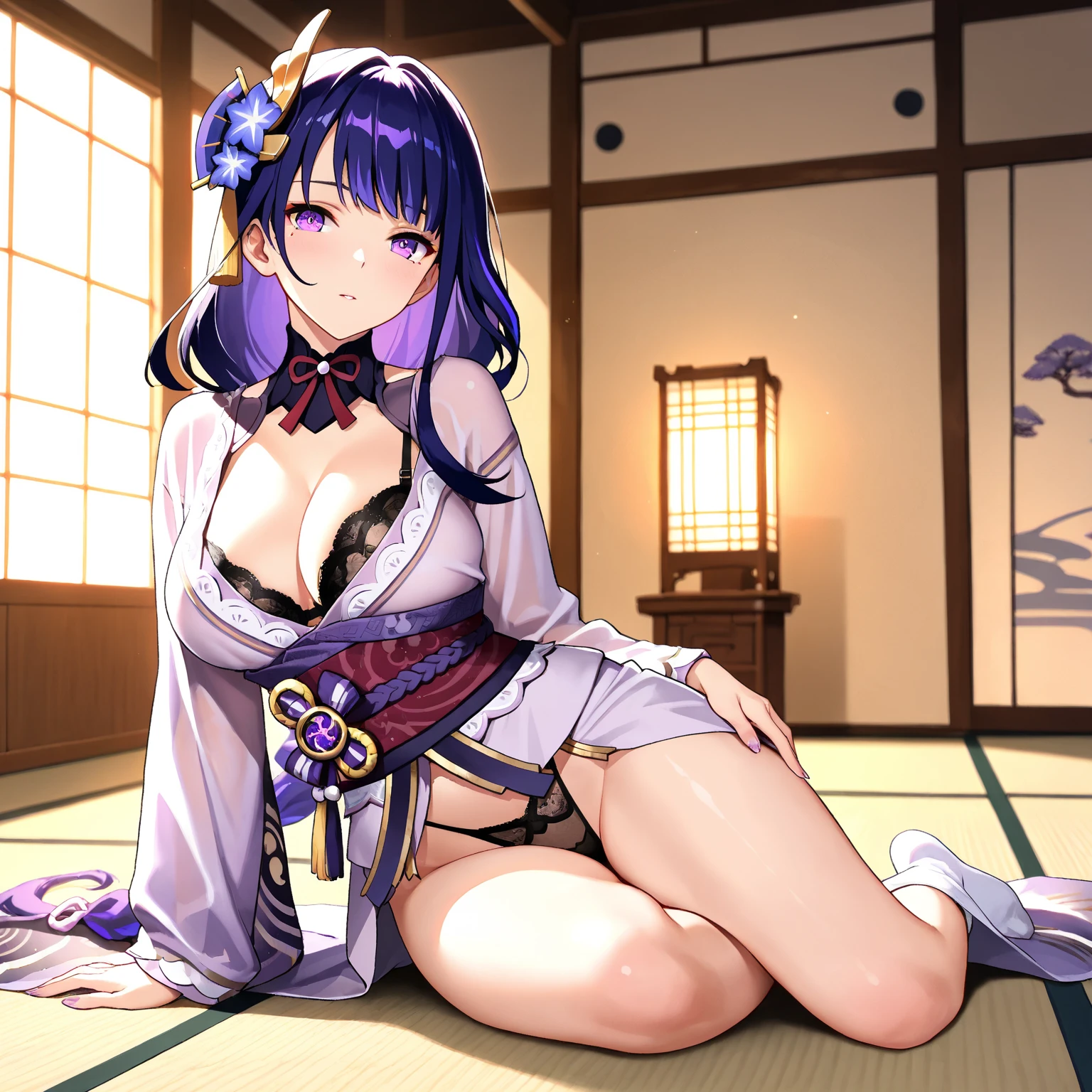 masterpiece、top-quality, 1girl in, Solo, Purple medium hair, Hieda's Me,I'm Hiedano , Japanese-style room background,red blush、Colossal tits、fullnude、Smiling、laying on back、enchanting posture