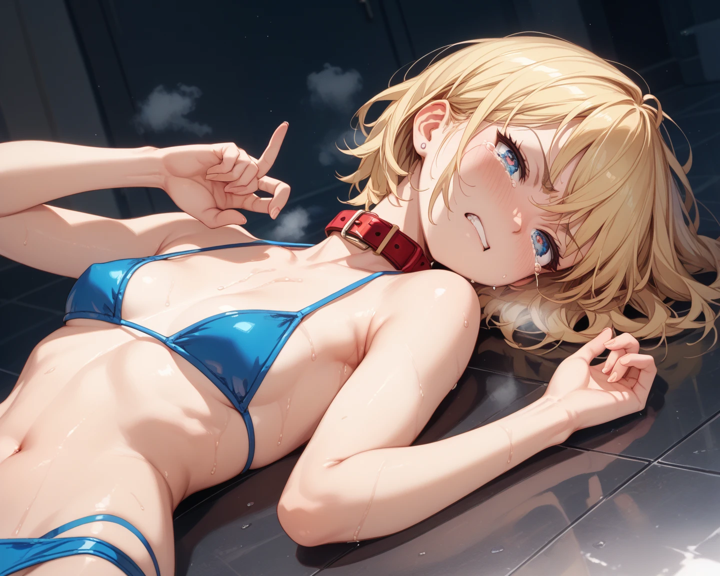 Giantess with firm , long sexy legs, yellow hair and in bikini is lying on the ground, while the city at her feet burns in flames for the destruction she has caused, while people run away from her, so as not to die crushed by her heels. Giantess, goddess, macrophilia, curvaceous body, hentai, fetish, sexy legs, bikini, high heels, high quality
