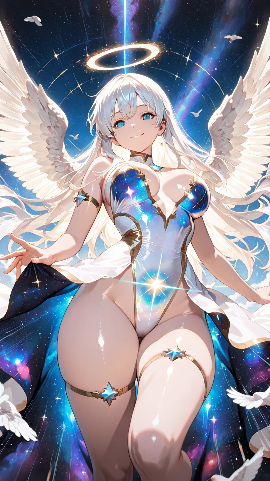 Heavenly Emperor, king of light, beautiful woman, Good shape, White Angel Dress, white skin, yellow eyes, long white hair, big breasts, Big butt. 