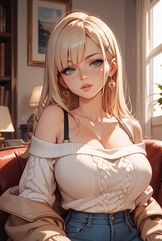 masterpiece, highest quality, One woman, Nighttime relaxation, quiet, peaceful, comfortable, relax, Fluffy knit cardigan, Warm lighting,Sepia,Big Breasts,