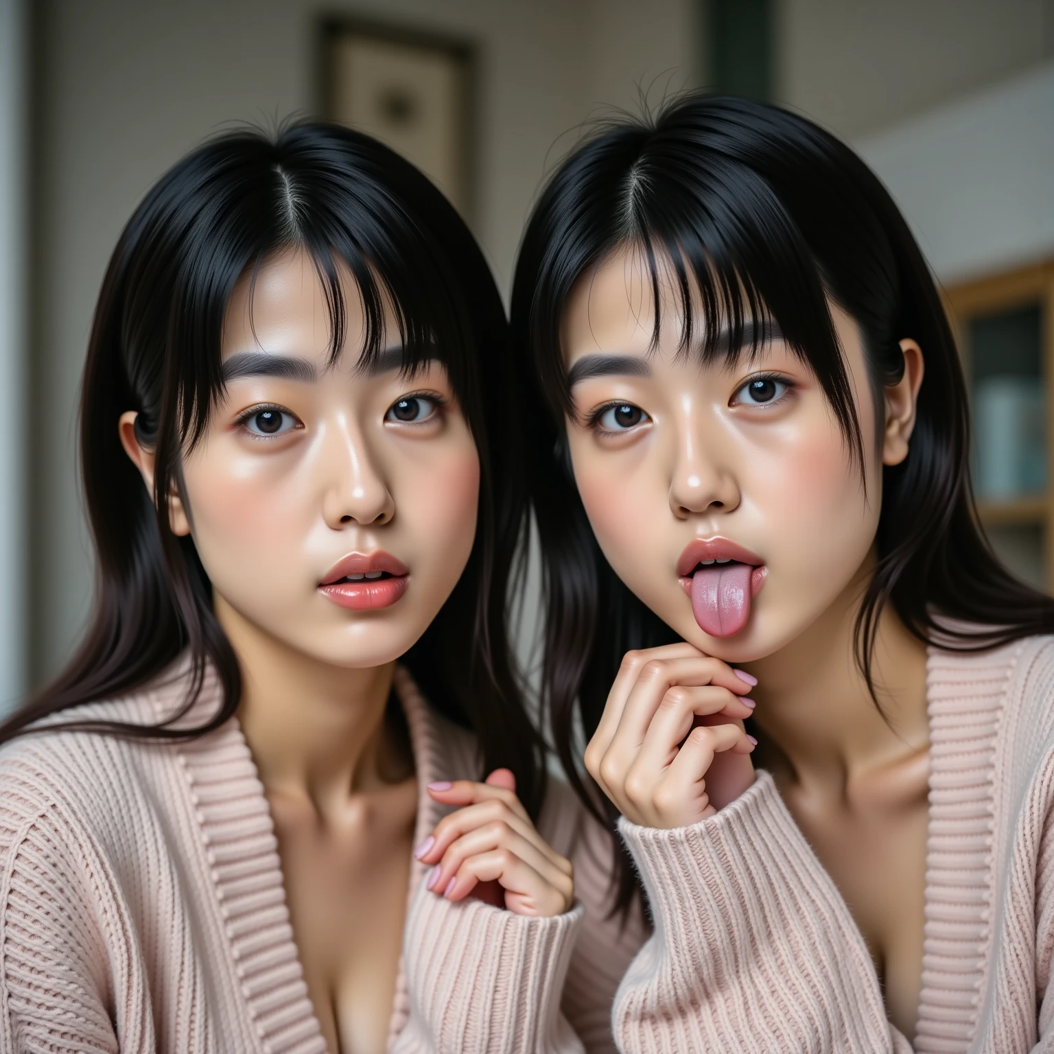 (Tabletop、Highest quality、8k、Award-winning works、Ultra-high resolution)、(Group photo of two women 1.4)、(The perfect red turtleneck:1.1)、(Smeared red turtleneck sweater:1.1)、Both((Very huge  bigger than a face:1.65))、Accentuate your body lines、very long wavy hair、Bright and shiny lipstick、(The biggest smile looks at me:1.1)、(Please smile widely and show your beautiful teeth.:1.1)、(Two women standing side by side:1.4)、Glowing Skin、(Face close-up:1.5)、(Light Pink Background:1.1)、Accurate ???????、Ultra HD Hair、Ultra-high definition beauty face、Shining, Ultra-high resolution beautiful skin、Ultra-high resolutionの艶やかな唇、(Face covered in lots of:1.75)、(Two women facing the front:1.3)、(The body faces straight ahead:1.1)