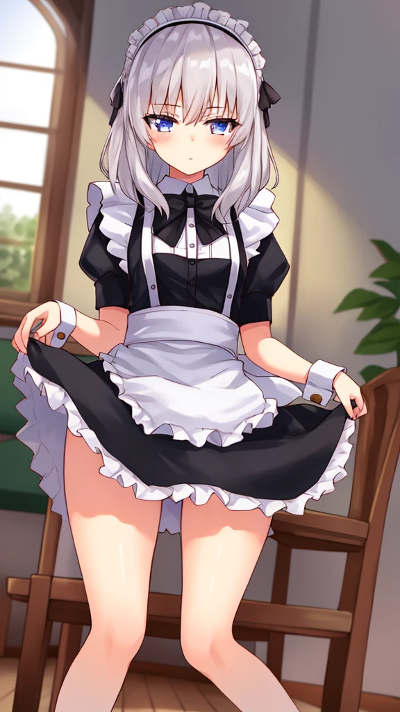 highest quality、masterpiece、((2 women))、((smile:1.3))、(blush:1.3)、Black Shirt、blouse、((fun!!))、(Small breasts)、()、Blonde、(Long sleeve)、((White apron:1.5))、((Maid))、((hair ornaments)),、Kamimei、look at me、 ((in house:1.5))、 Taking a break from watching the audience、Cowboy Shot、(Skirt lift:1.3),(Highly detailed white panties:1.3)、(Highly detailed panties:1.3)、、(スカート that rolls up:1.3)、(Panties fully exposed:1.5)、Light blue eyes、long hair、Glowing Eyes