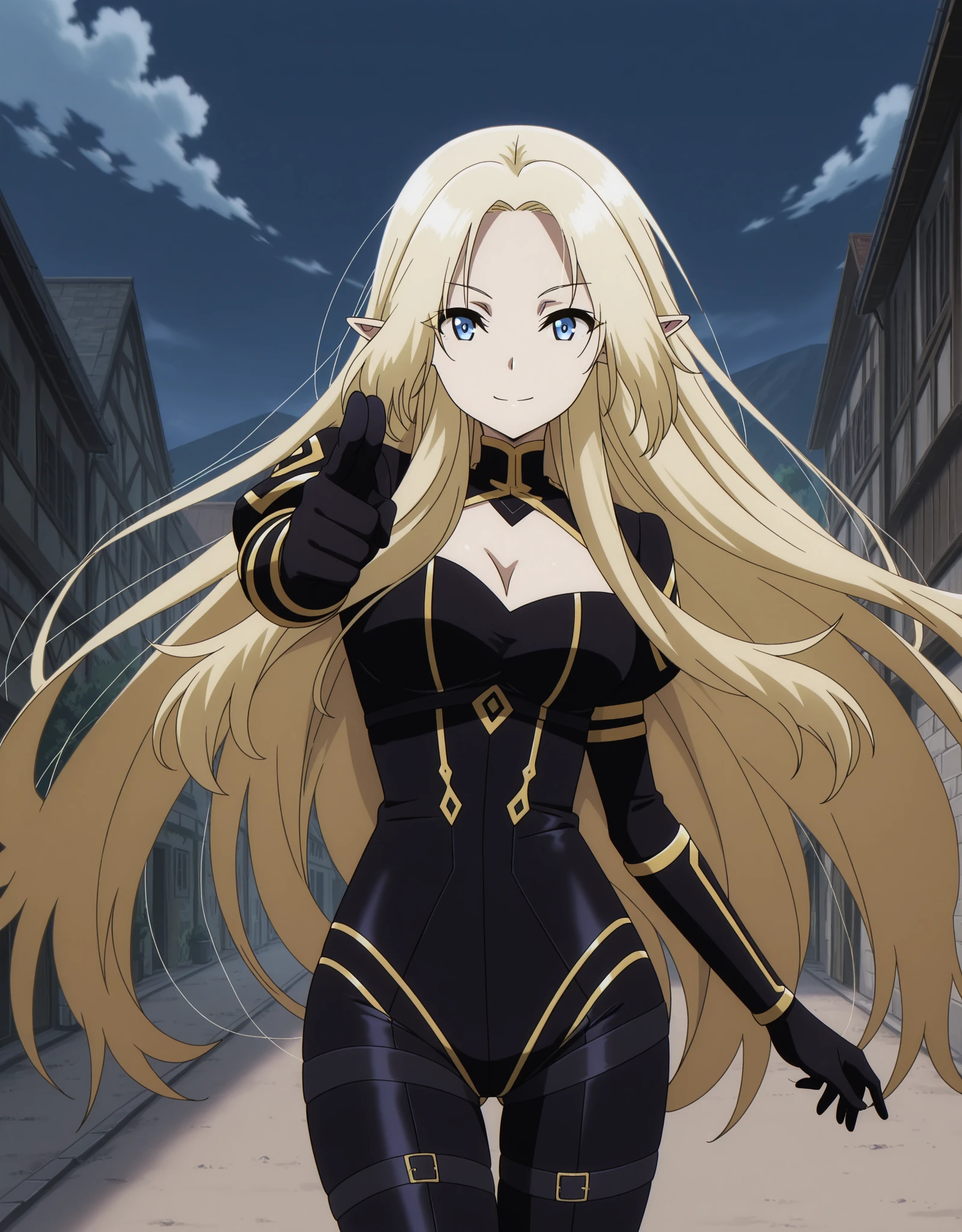 Alpha, ShadowGarden uniform, Light effect, sitting on a chair